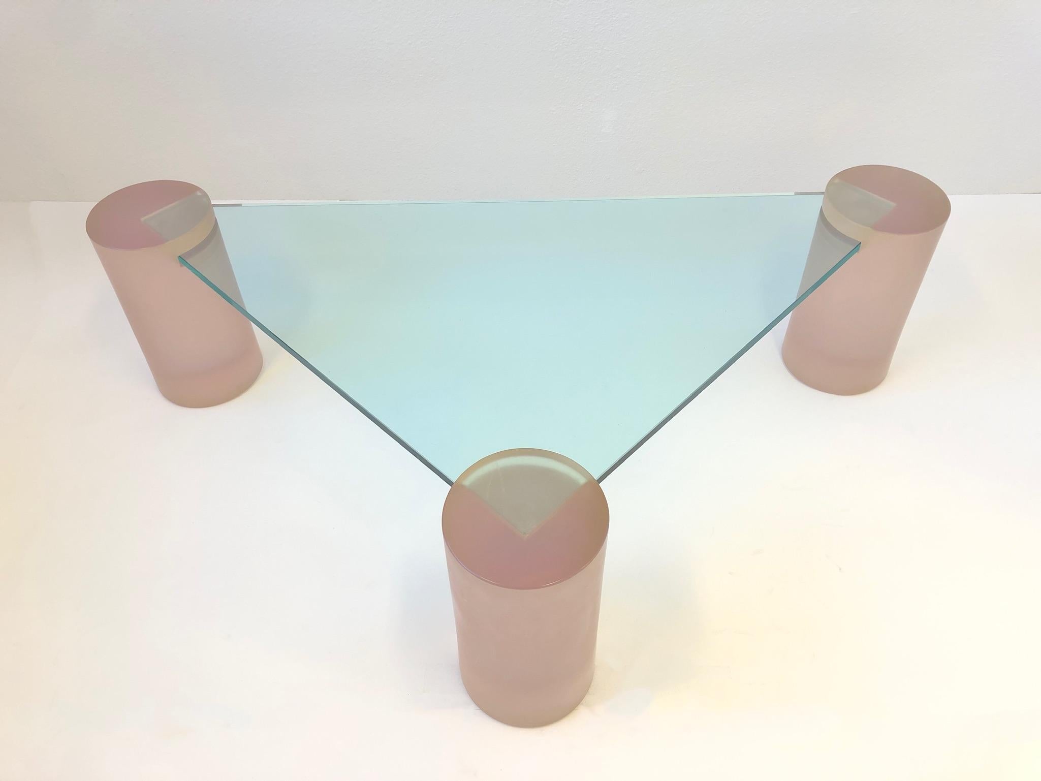American Triangular Blush Pink Lucite and Glass Cocktail Table