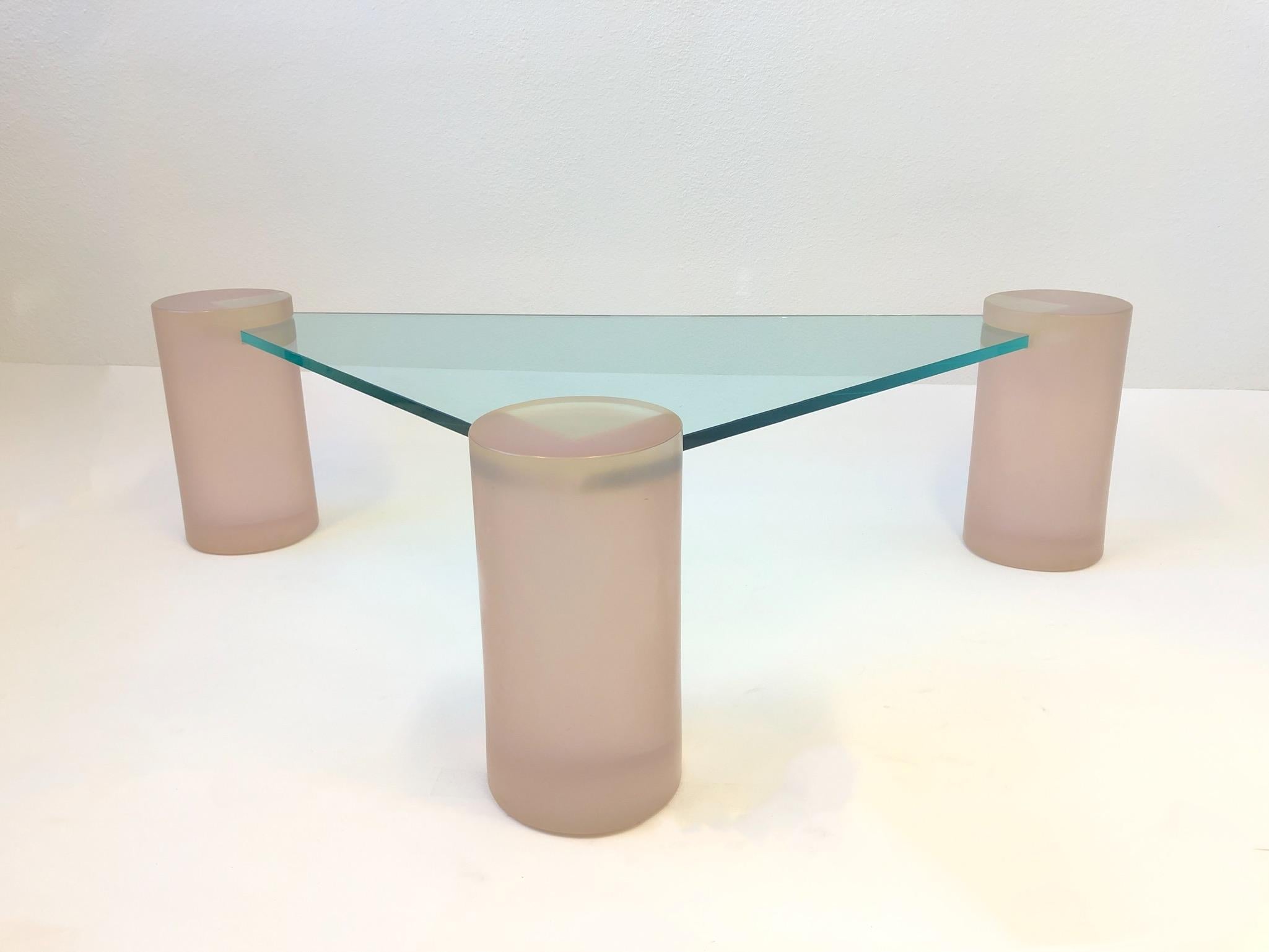 Triangular Blush Pink Lucite and Glass Cocktail Table For Sale 1