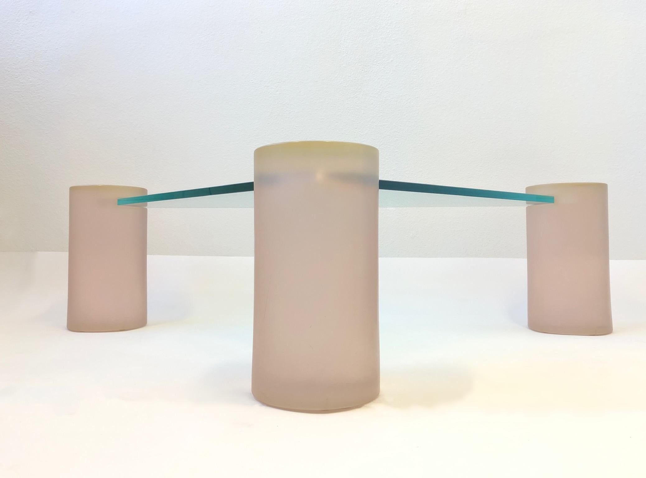 Late 20th Century Triangular Blush Pink Lucite and Glass Cocktail Table
