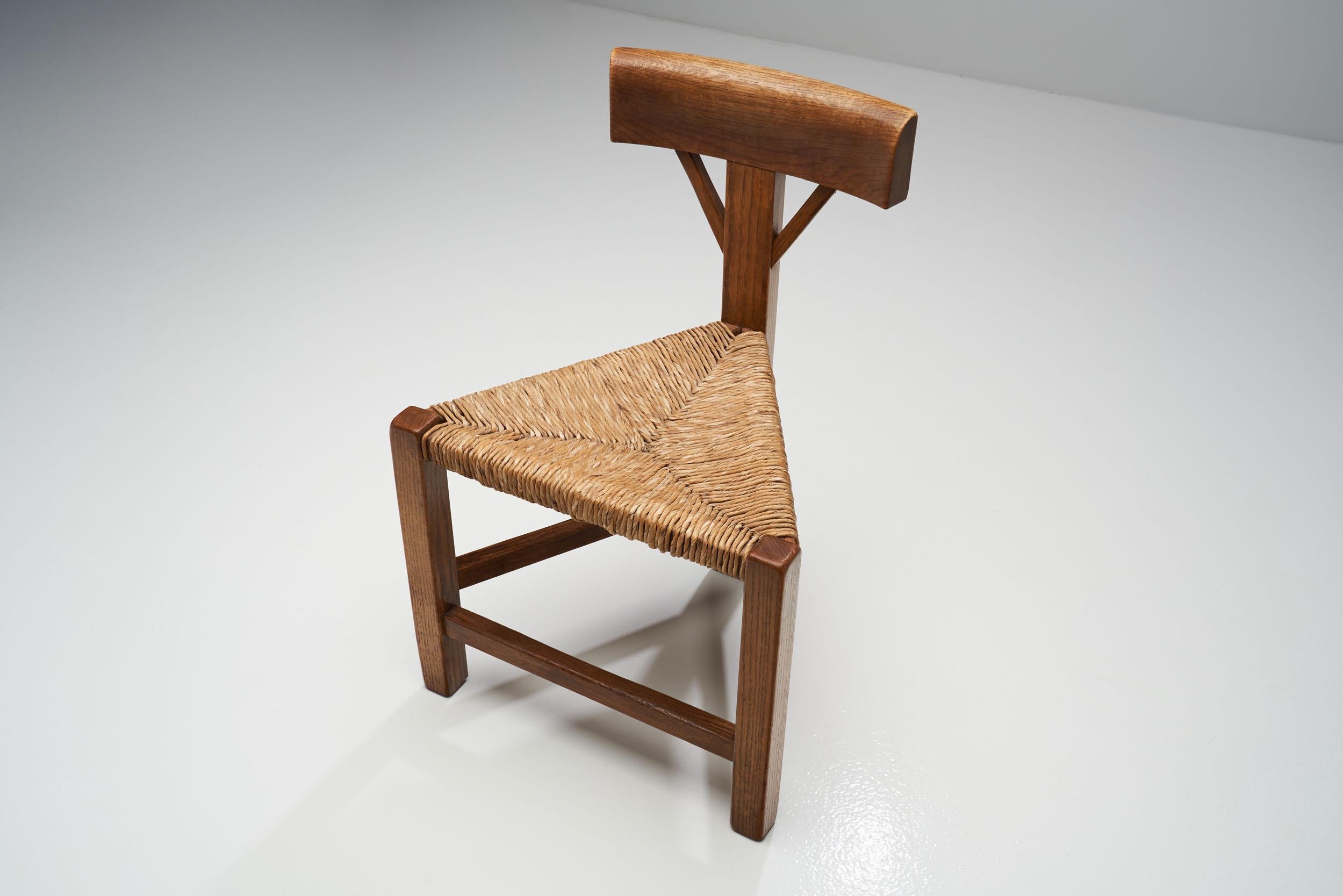 Mid-20th Century Triangular Chair in Oak and Cane, the Netherlands, circa 1960s-1970s