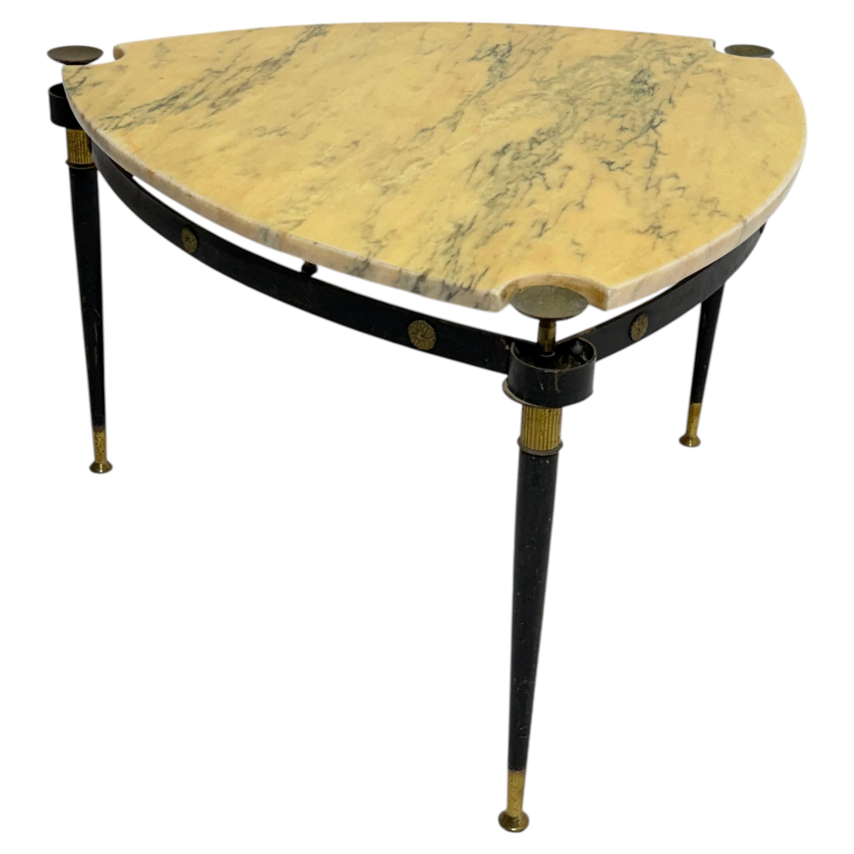 Triangular Coffee Table in iron, brass, and marble, made in Italy, 1950s. For Sale