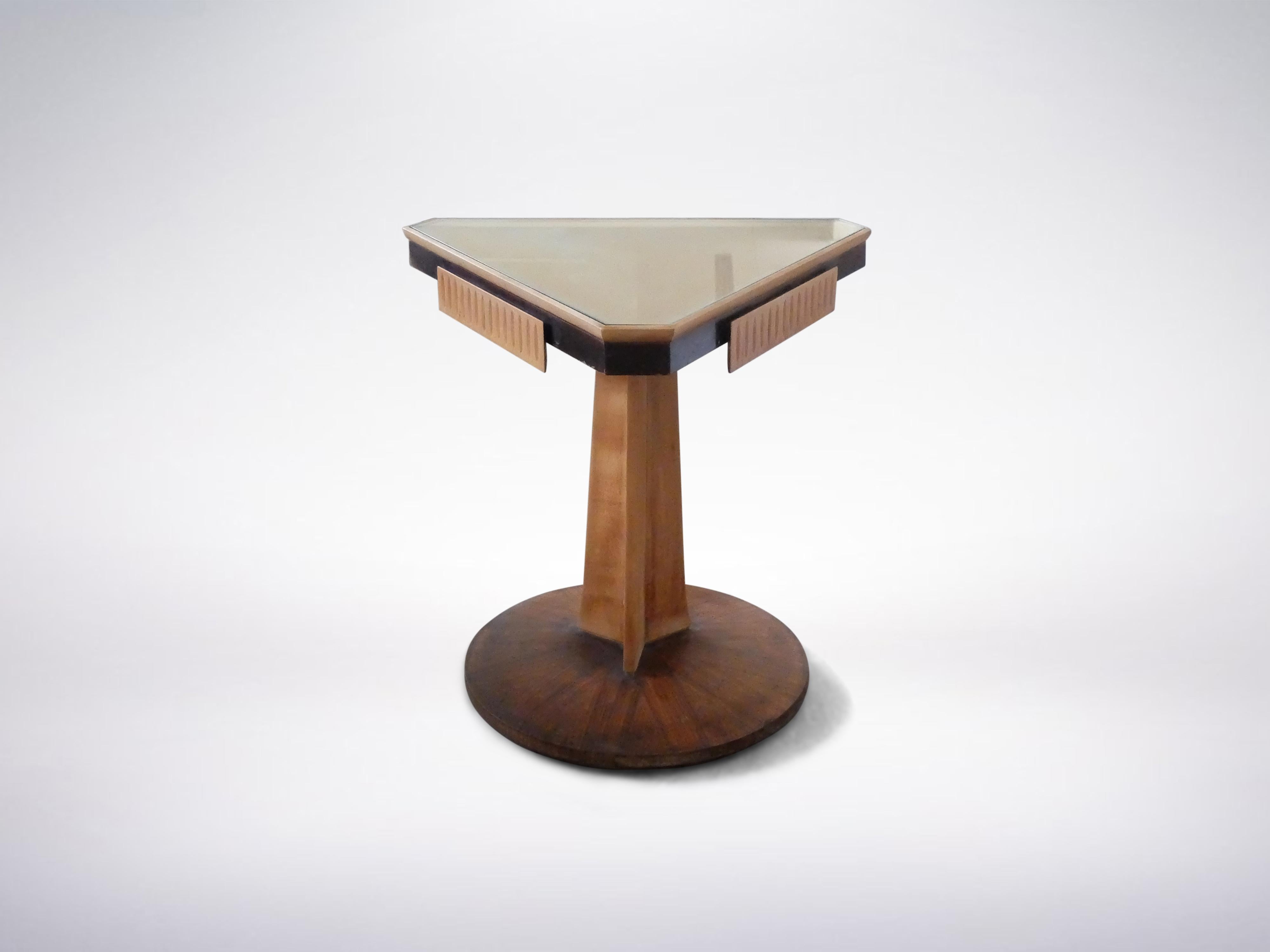 Triangular console table with glass top in the period of Mid-Century Modern, 1950s.




 