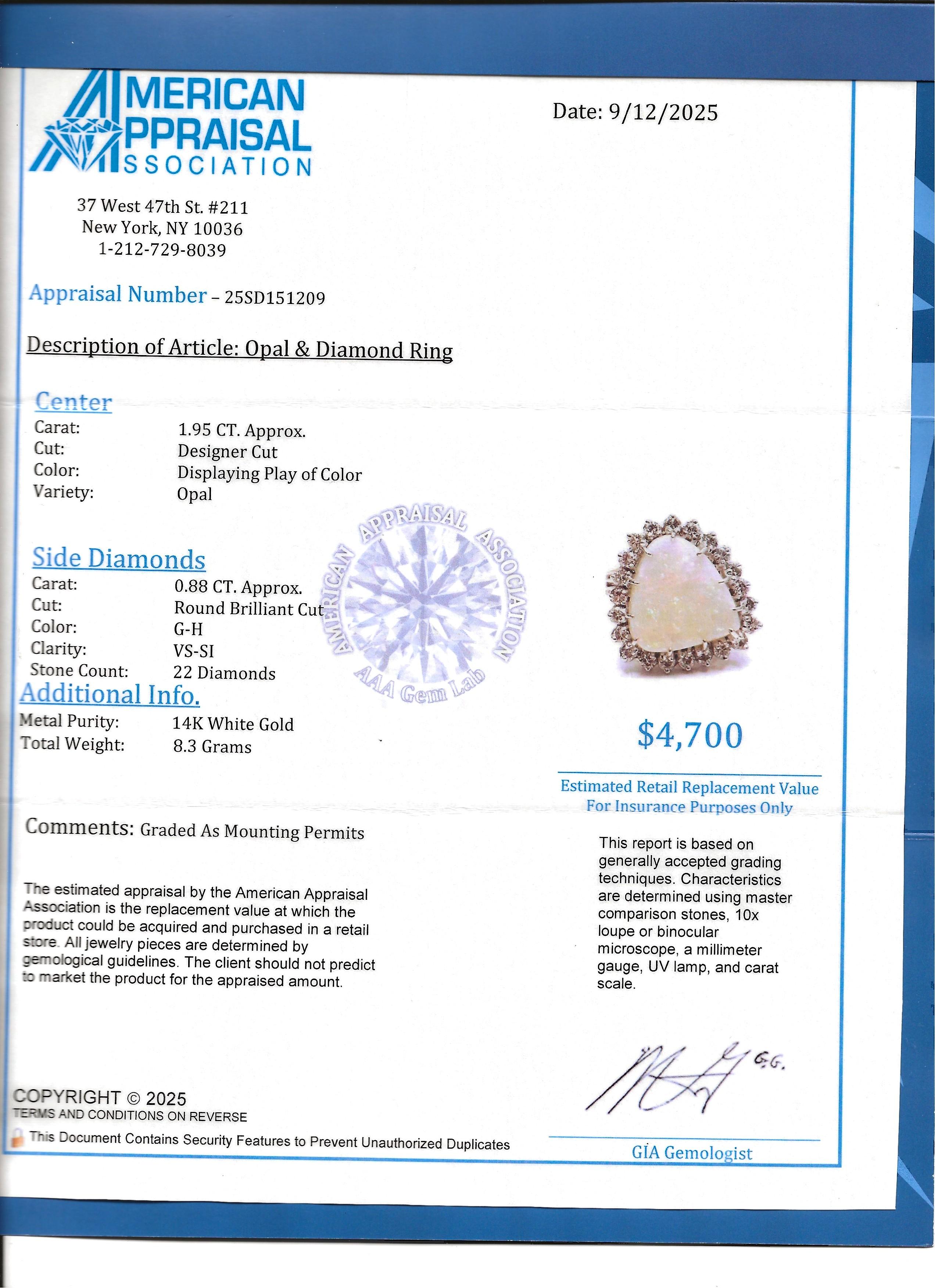 Opal-Cocktailring mit dreieckigem Schliff und Diamantenhalo aus 14 Karat Weißgold im Angebot 5