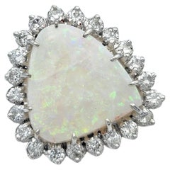 Triangular Cut Opal Cocktail Ring with Diamond Halo in 14 Karat White Gold