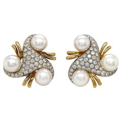 Triangular Diamond and Pearl Earrings in 18K Yellow and White Gold Earrings