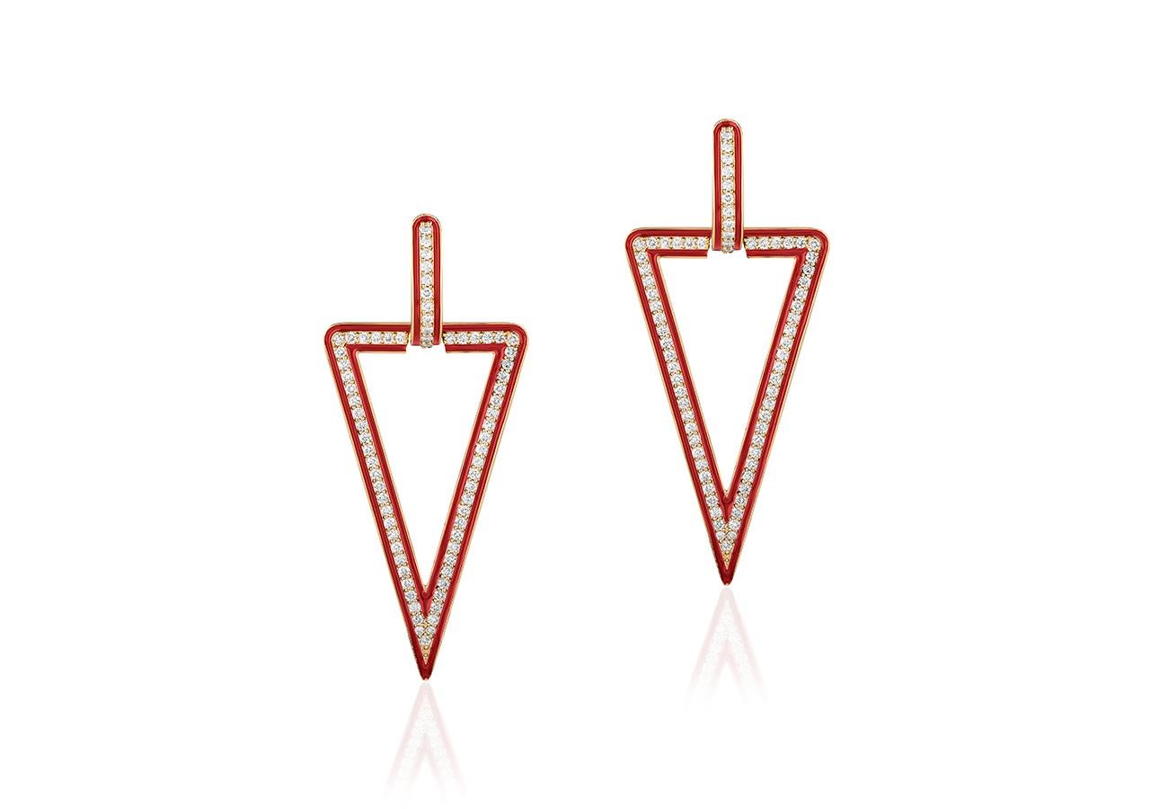 Triangular Diamond Earrings in 18K Gold with Red Enamel In New Condition For Sale In New York, NY