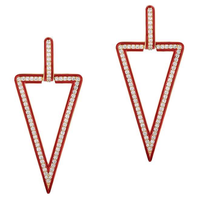 Triangular Diamond Earrings in 18K Gold with Red Enamel For Sale
