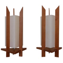 Vintage Triangular Fiberglass and Wood Lamps, 1960s
