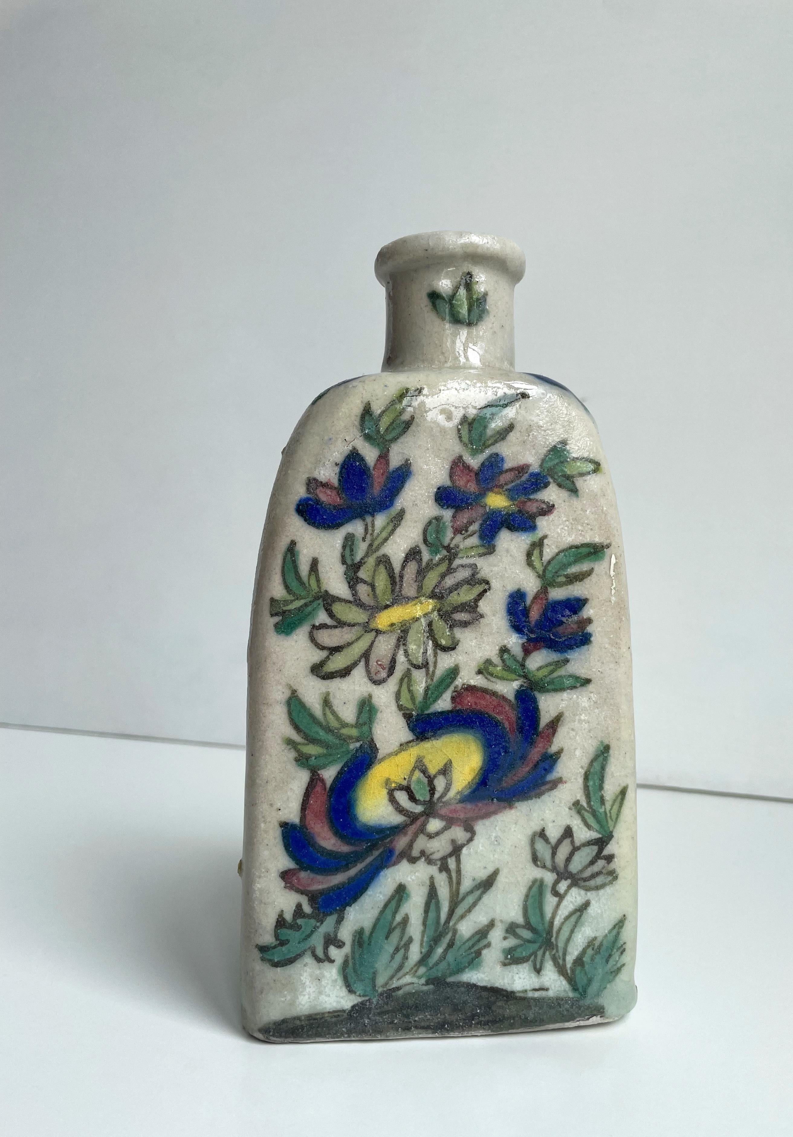 Hand-Crafted Triangular Floral Antique Persian Qajar Pottery Tea Flask, Late 19th Century