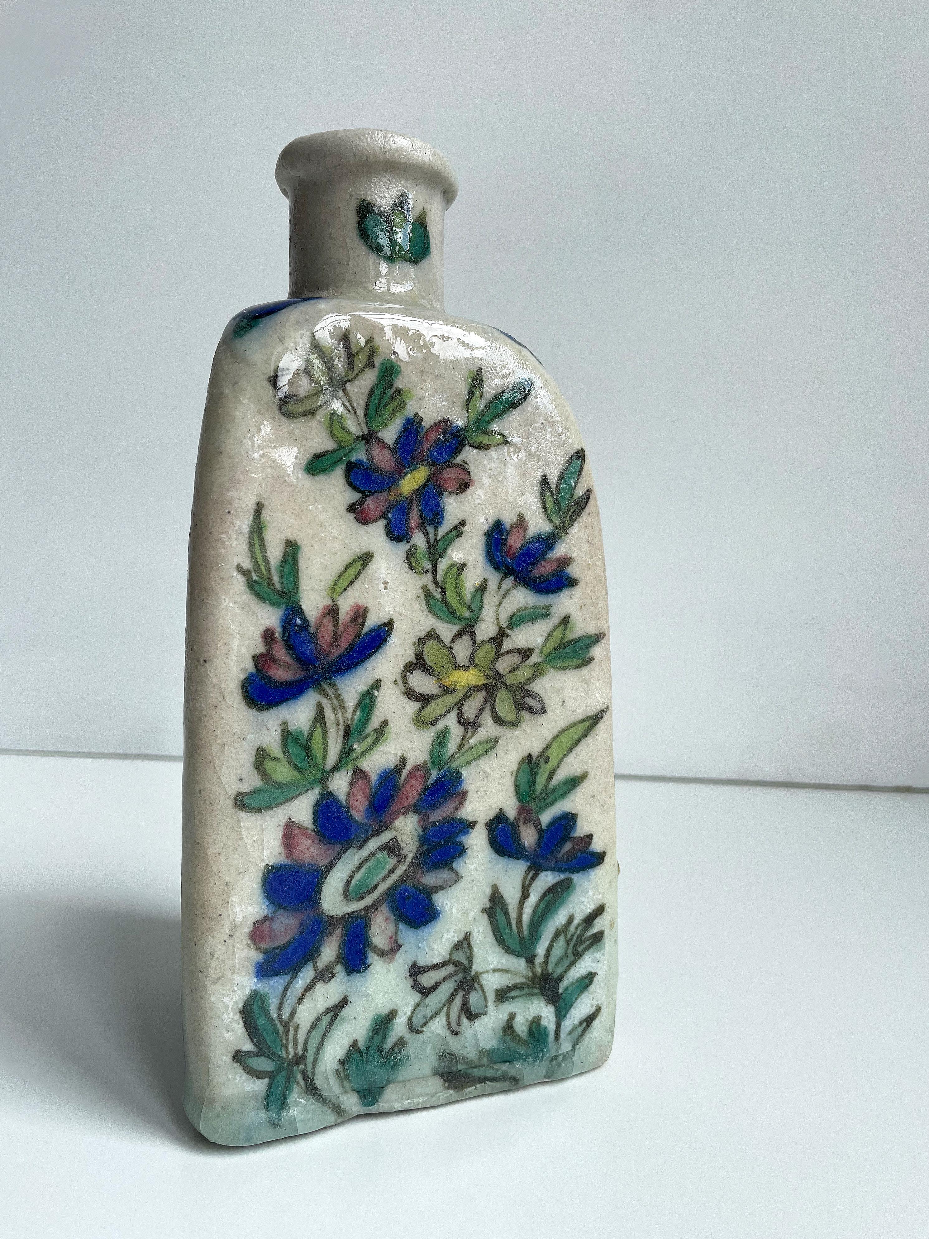 Triangular Floral Antique Persian Qajar Pottery Tea Flask, Late 19th Century In Fair Condition In Copenhagen, DK