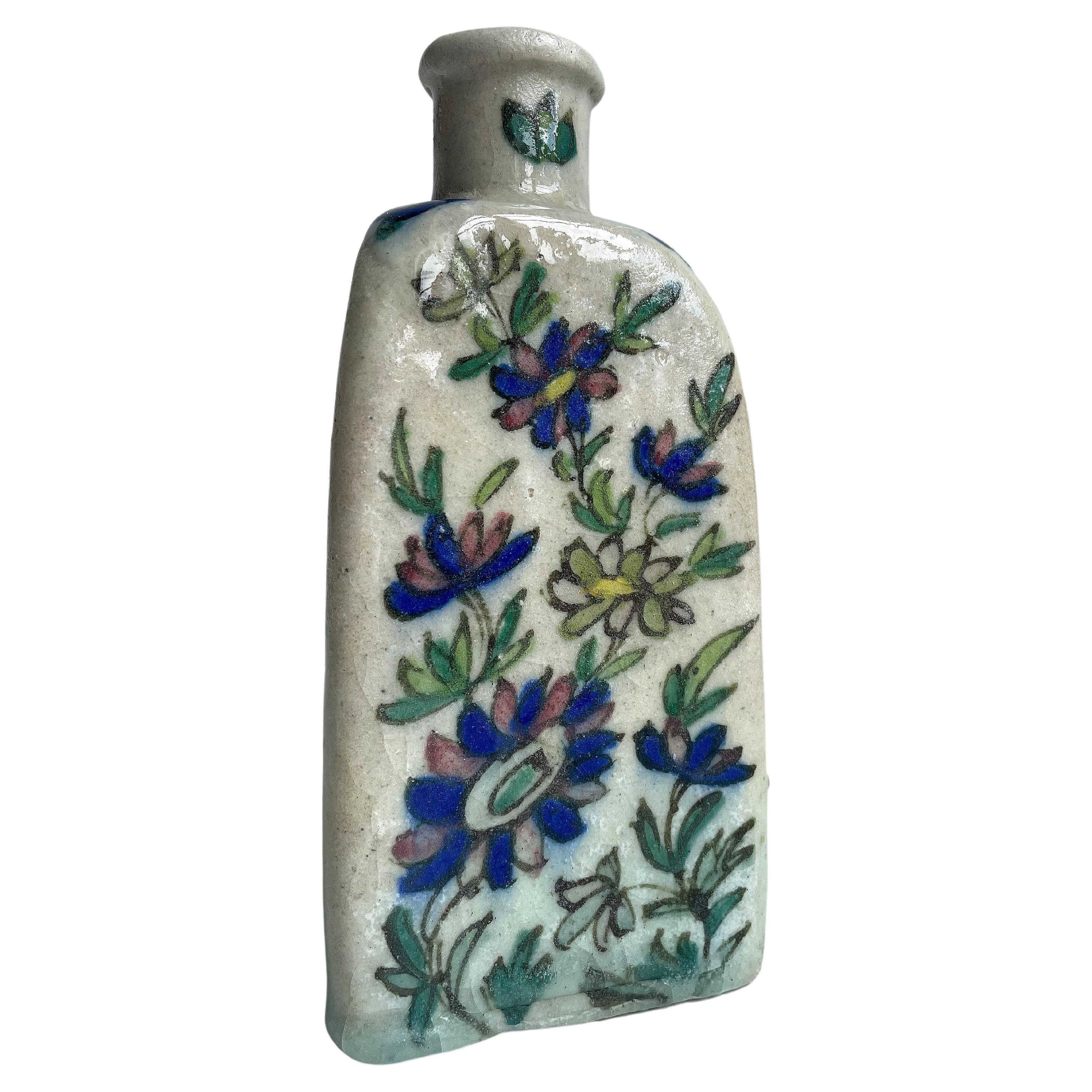 Triangular Floral Antique Persian Qajar Pottery Tea Flask, Late 19th Century