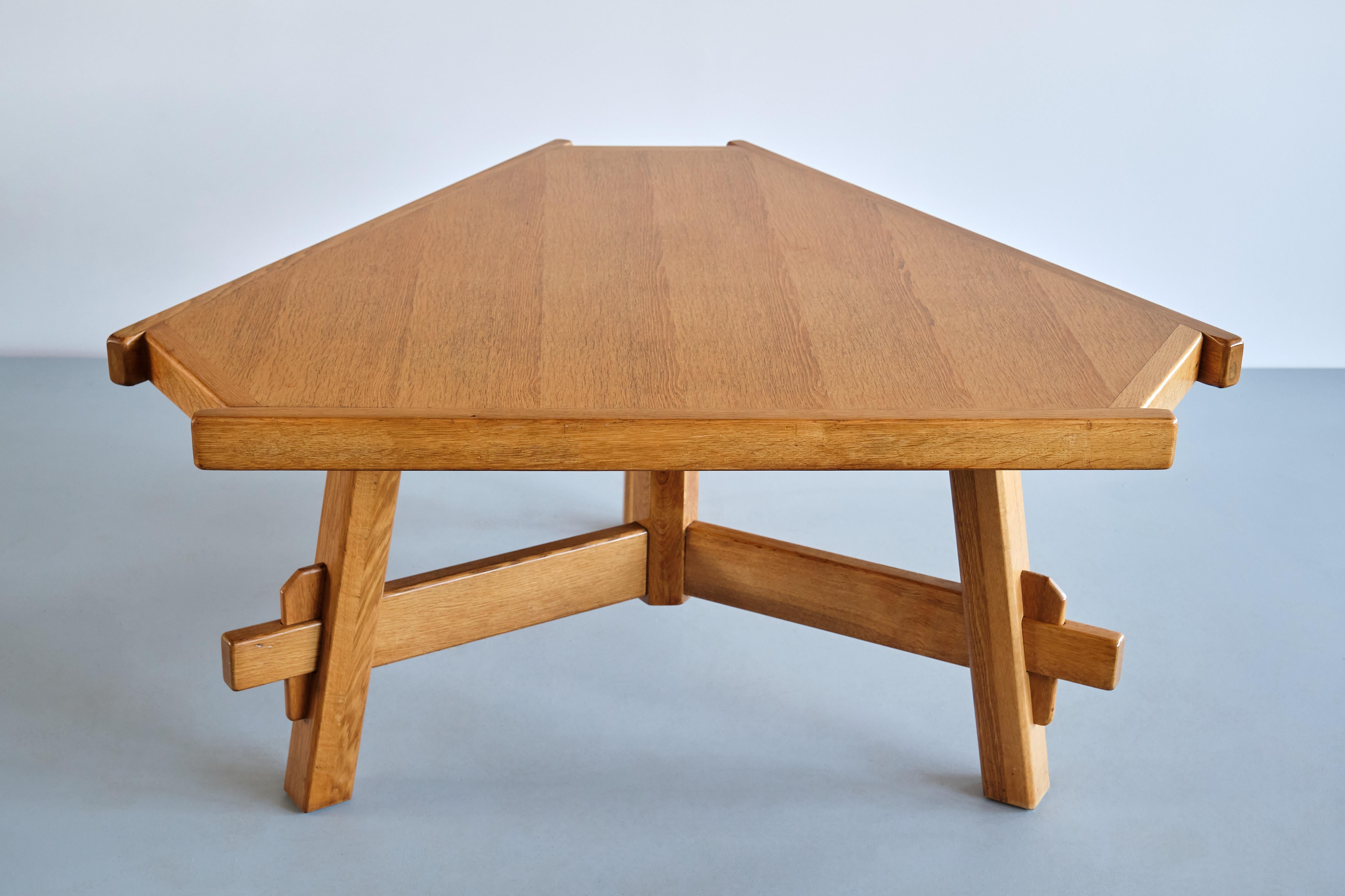 Mid-20th Century Triangular French Modern Dining Table in Solid Oak Wood, France, 1960s For Sale