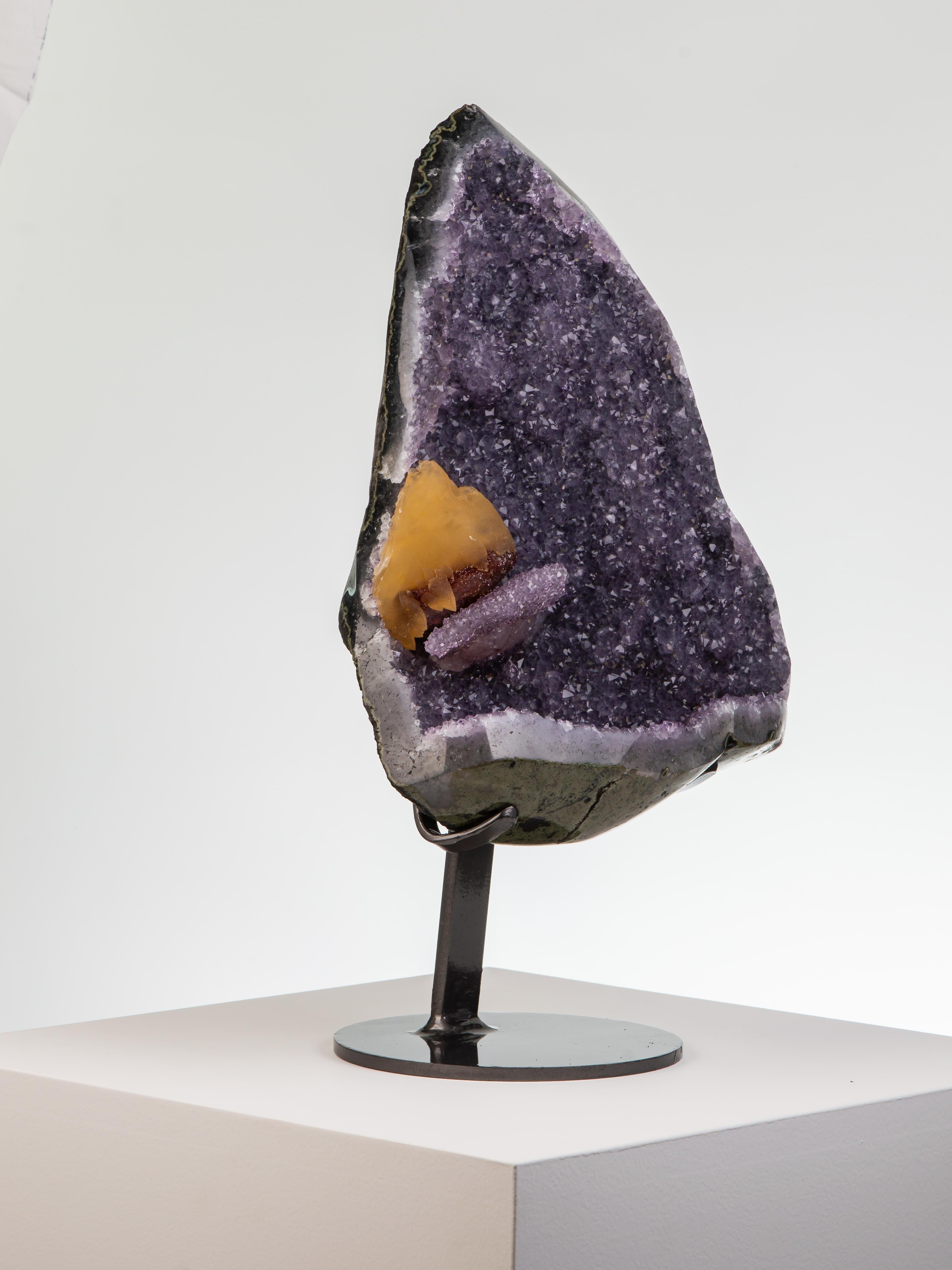 Uruguayan Triangular Geode Section with Perched Calcite For Sale