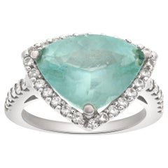 Vintage Triangular Green Aquamarine 'over 3 Carats' and Diamonds Ring Set in 18k White