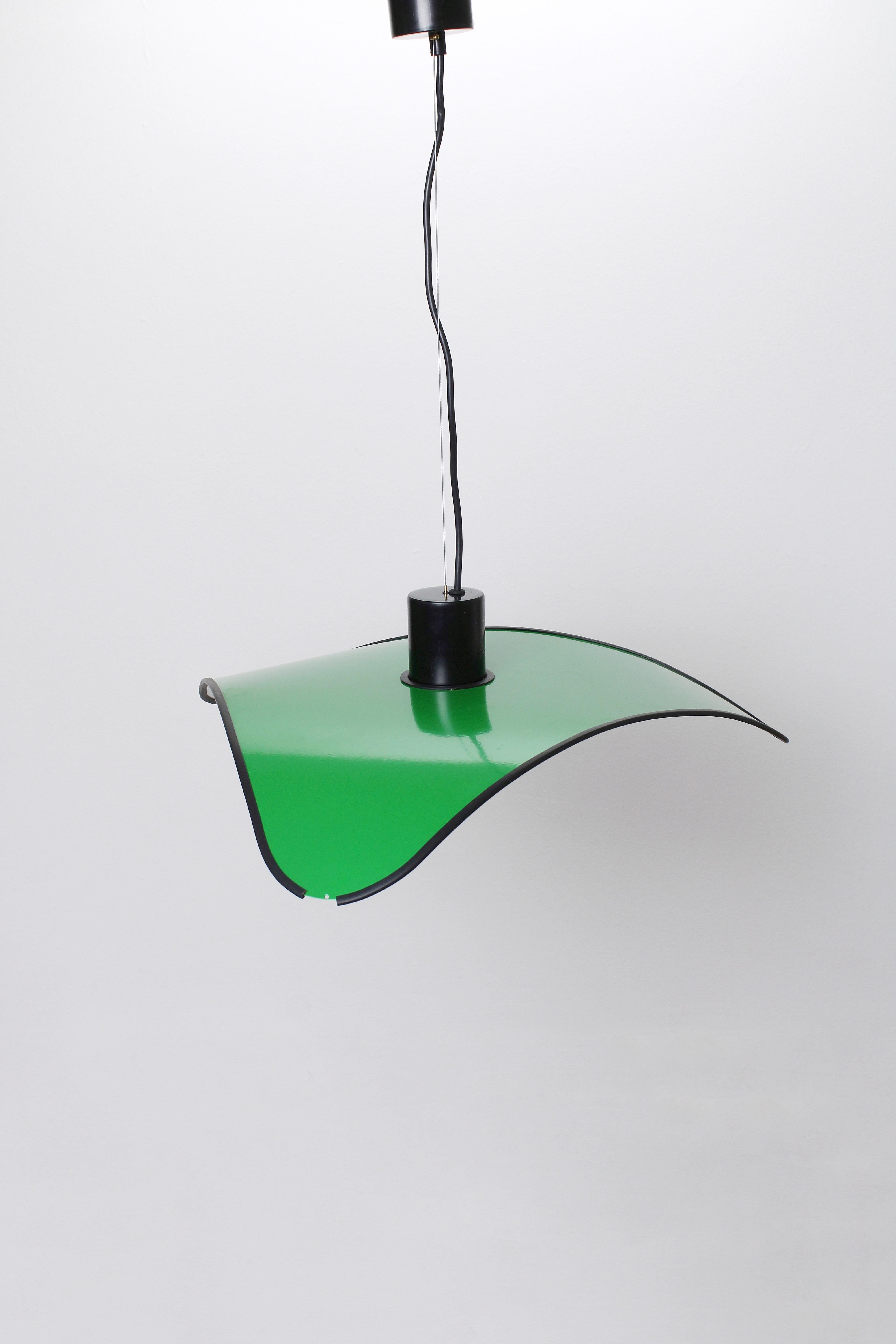 Late 20th Century Triangular Green Metal Pendant Lamp by IBIS, 1980s For Sale