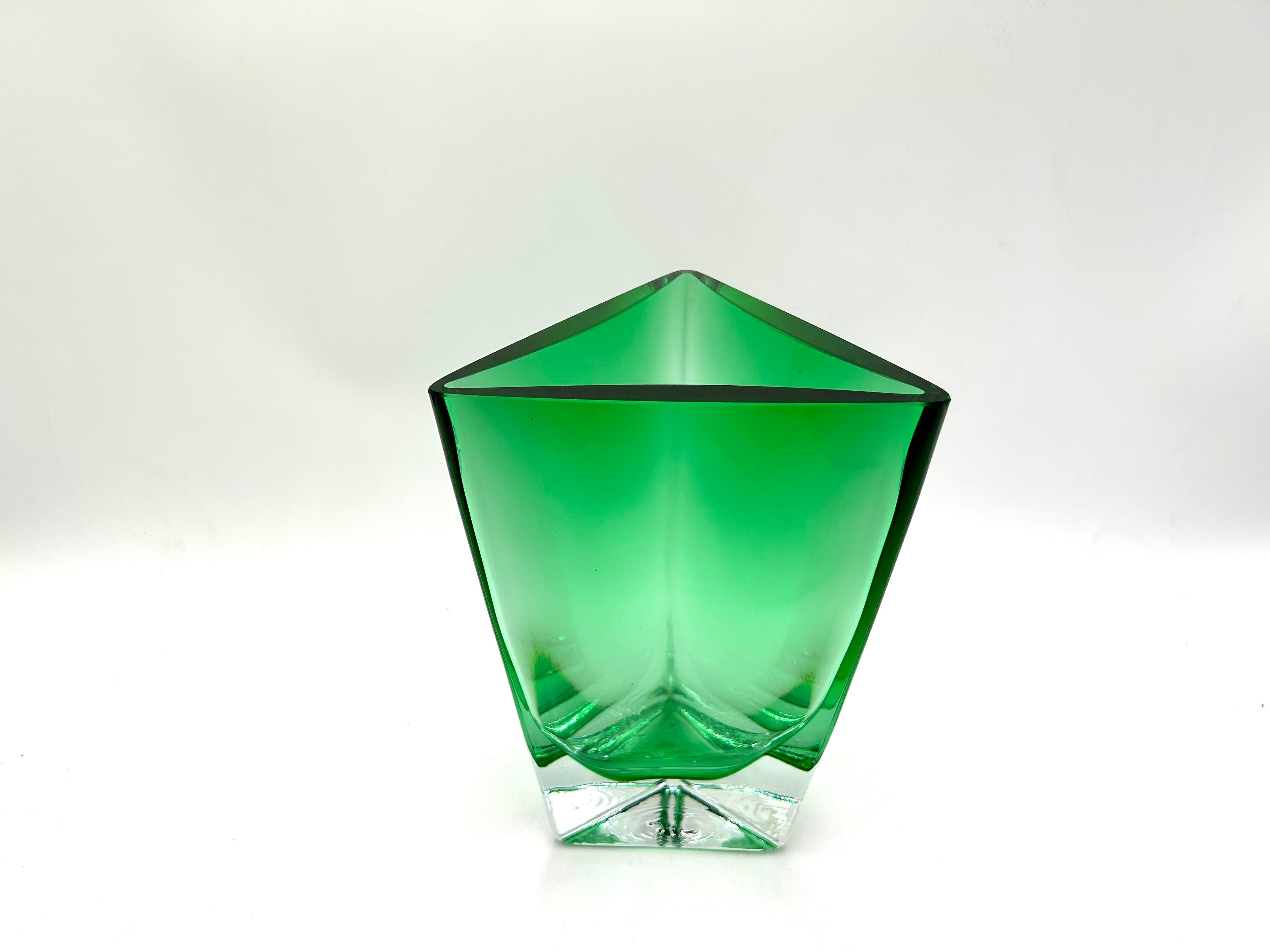 Mid-Century Modern Triangular Green Vase, Glassworks Krosno, Poland