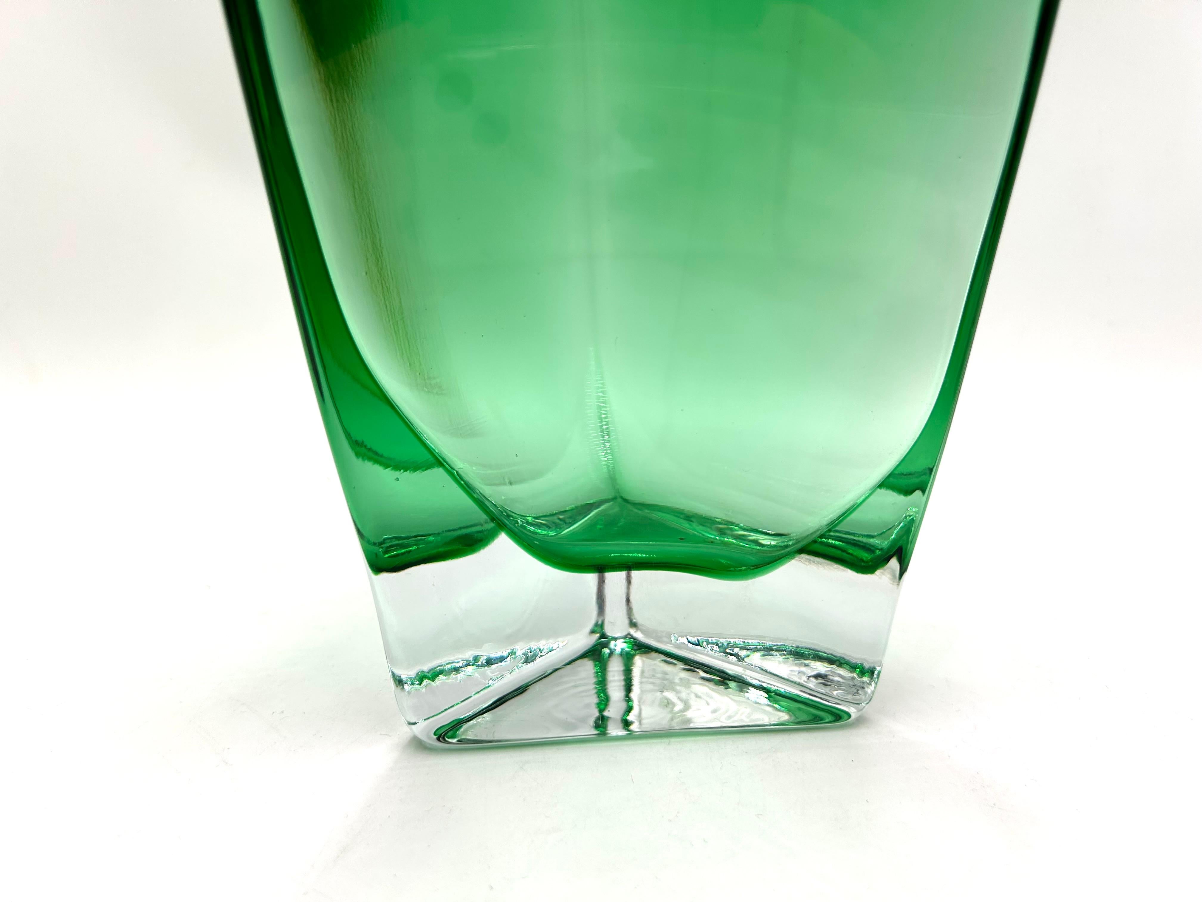 Triangular Green Vase, Glassworks Krosno, Poland 2