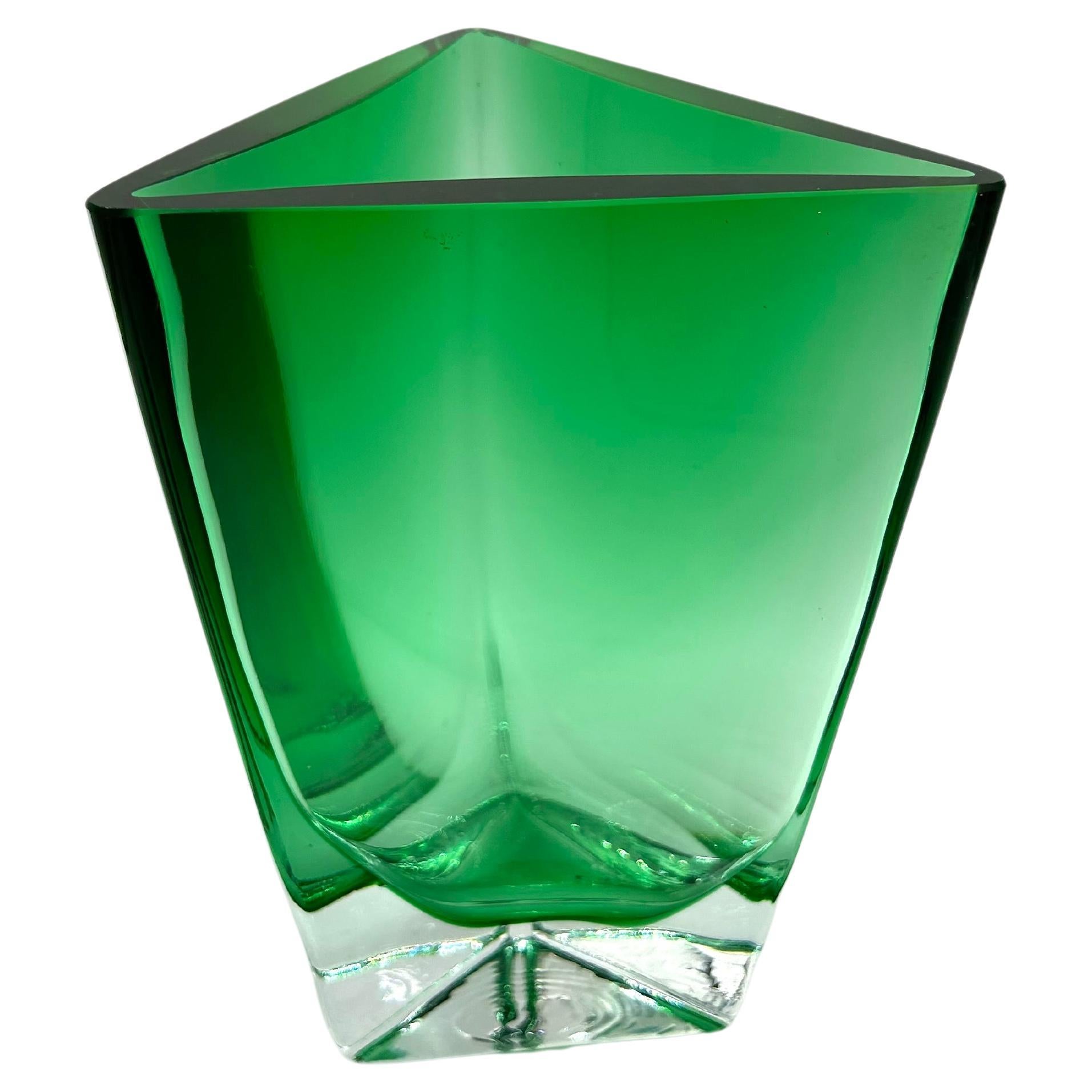 Triangular Green Vase, Glassworks Krosno, Poland