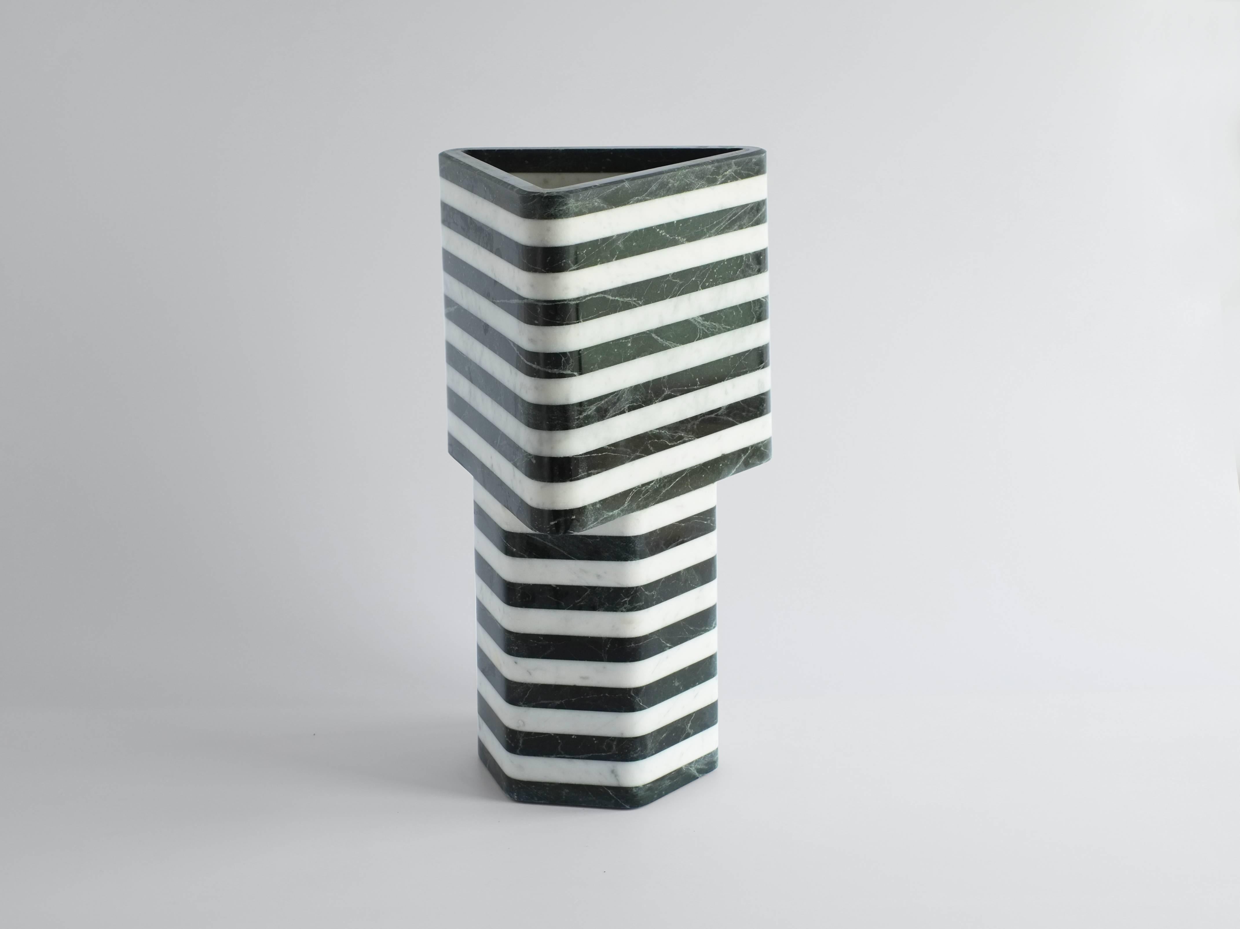 Contemporary Triangular-Hexagonal Stacked Stone Vessel in Marble by Fort Standard, in Stock