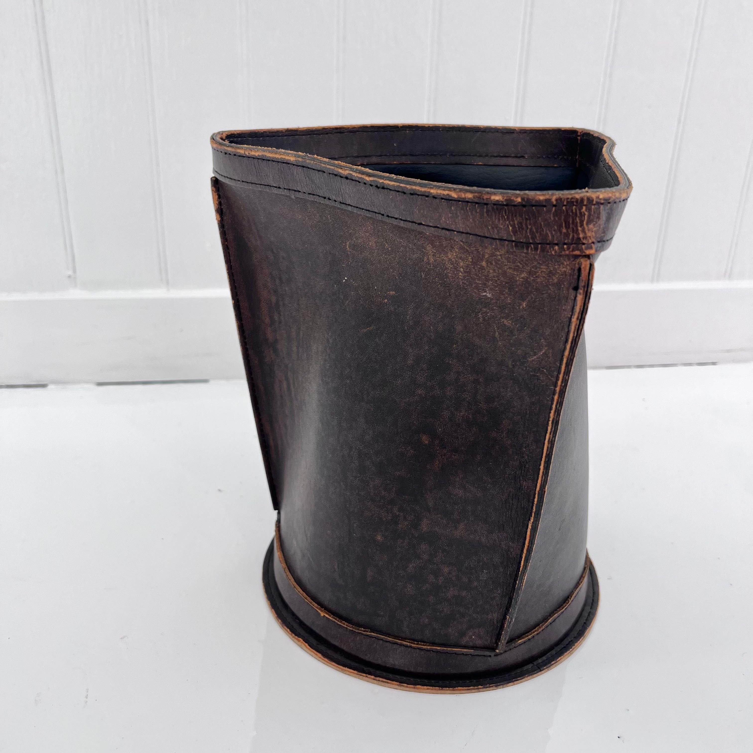 Triangular Leather Waste Basket, 1960s France In Good Condition In Los Angeles, CA