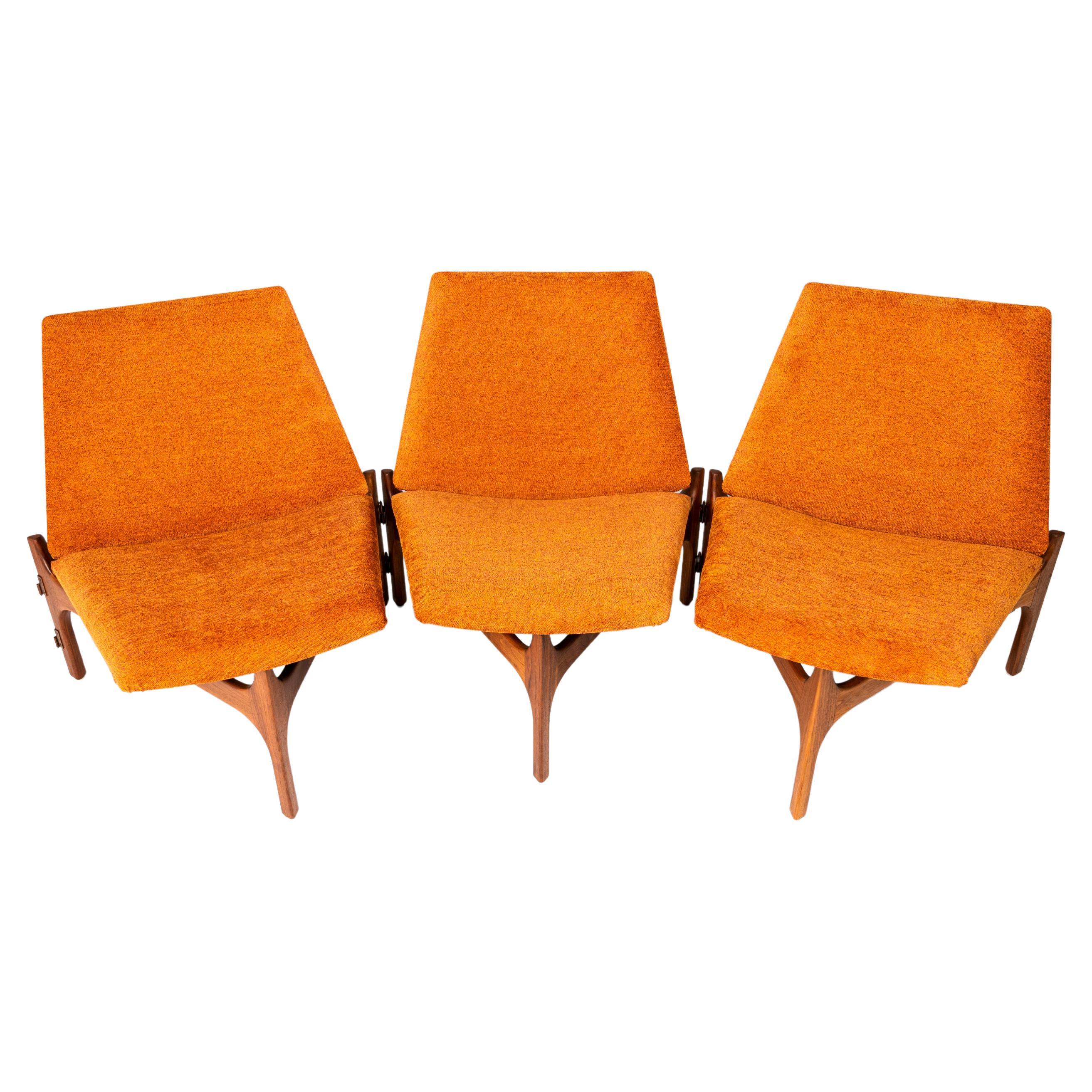 Triangular Low Profile Chairs / Bench in Walnut by Brown Saltman, USA, C. 1950s
