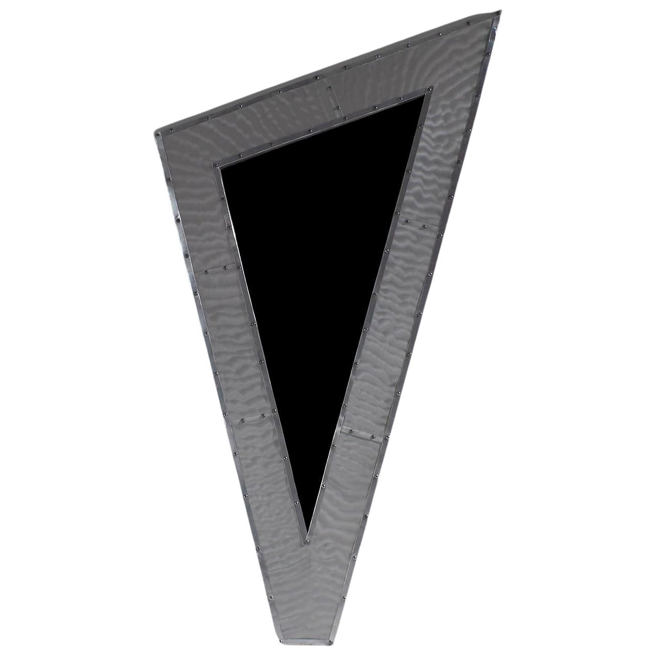 Triangular mirror framed in brushed aluminium