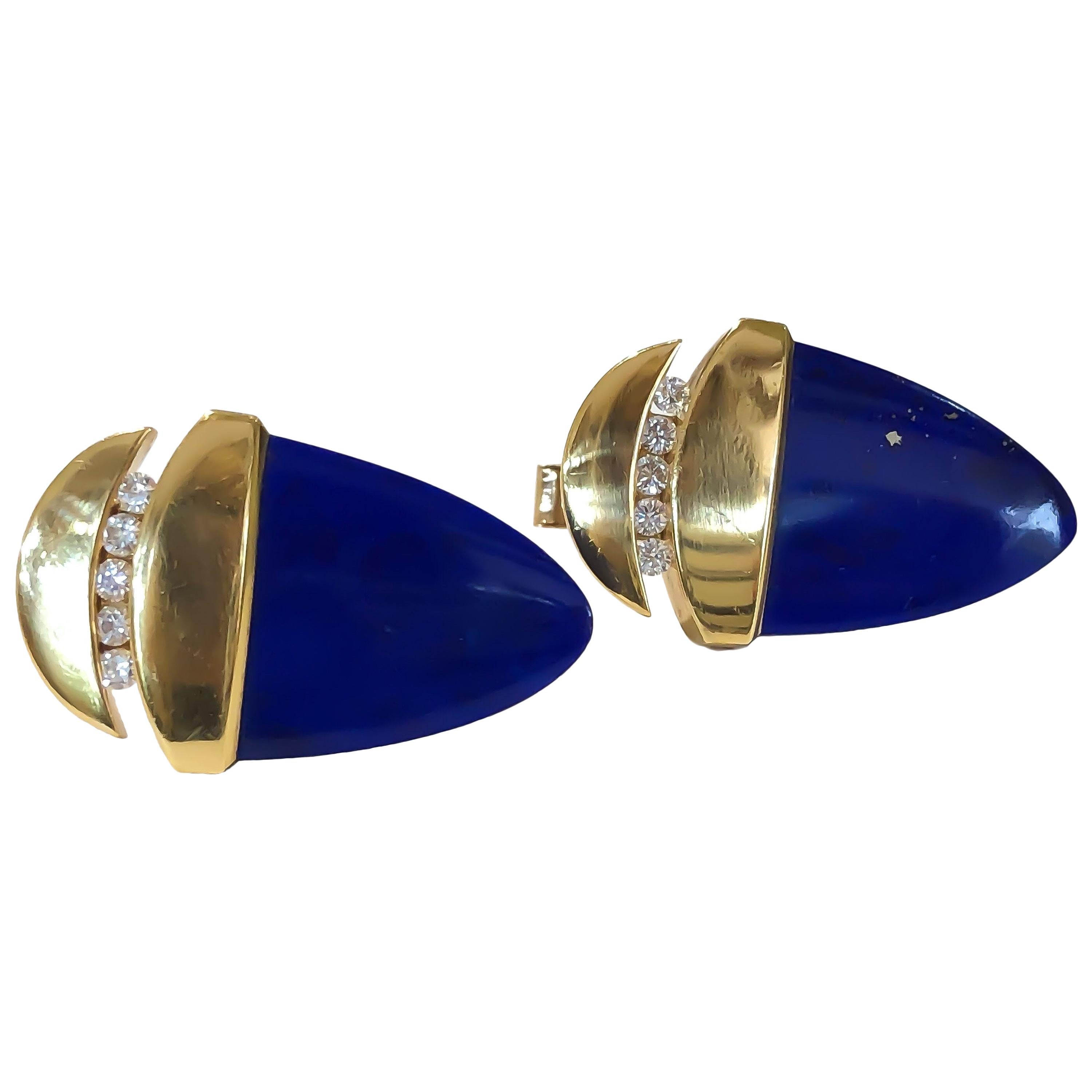 Triangular Natural Blue Lapis and Diamond Cufflinks 18 Karat Yellow Gold For Sale