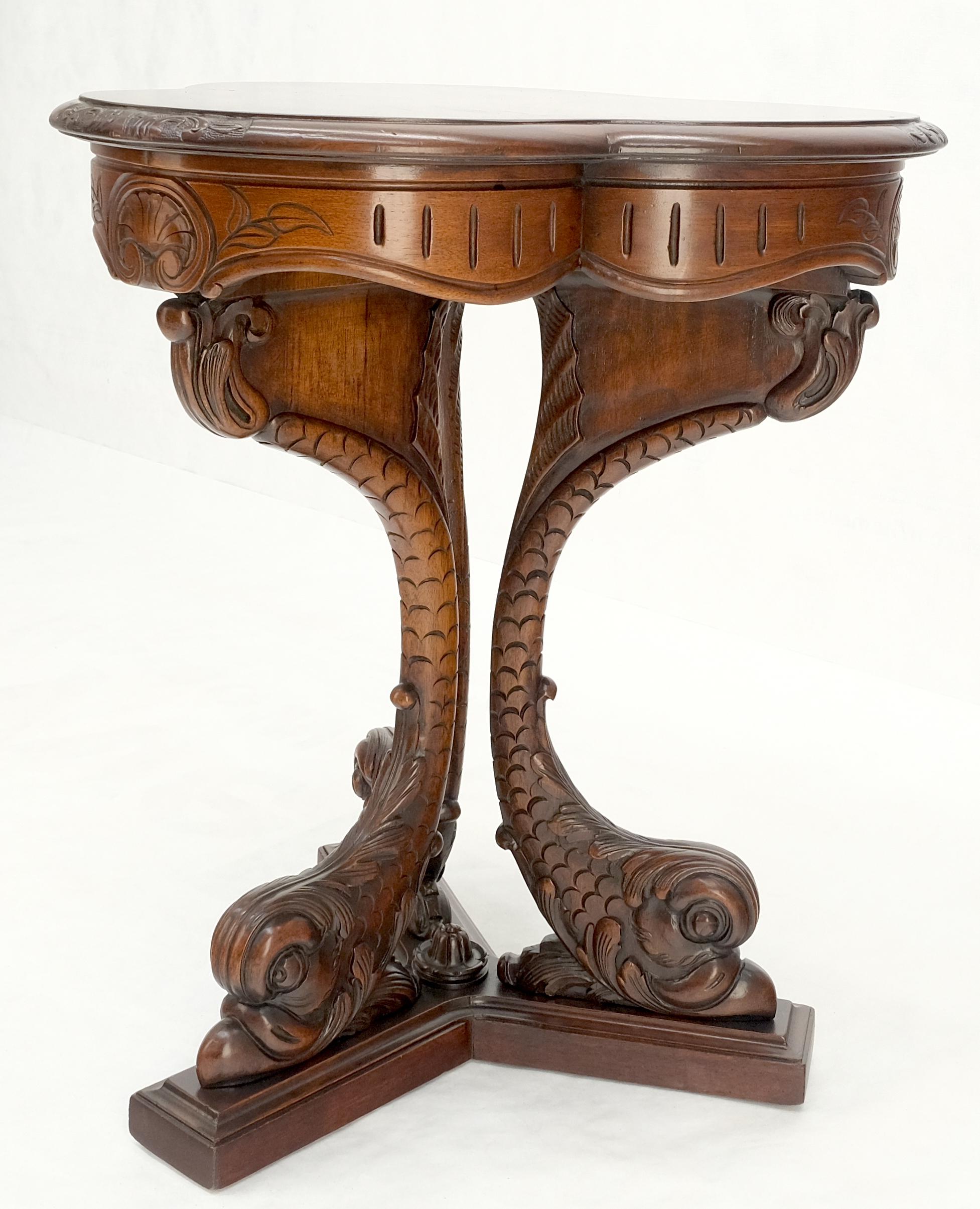 Triangular Petals Shape Fine carved Walnut Dolphins Base Center Guerdon Table  In Good Condition For Sale In Rockaway, NJ