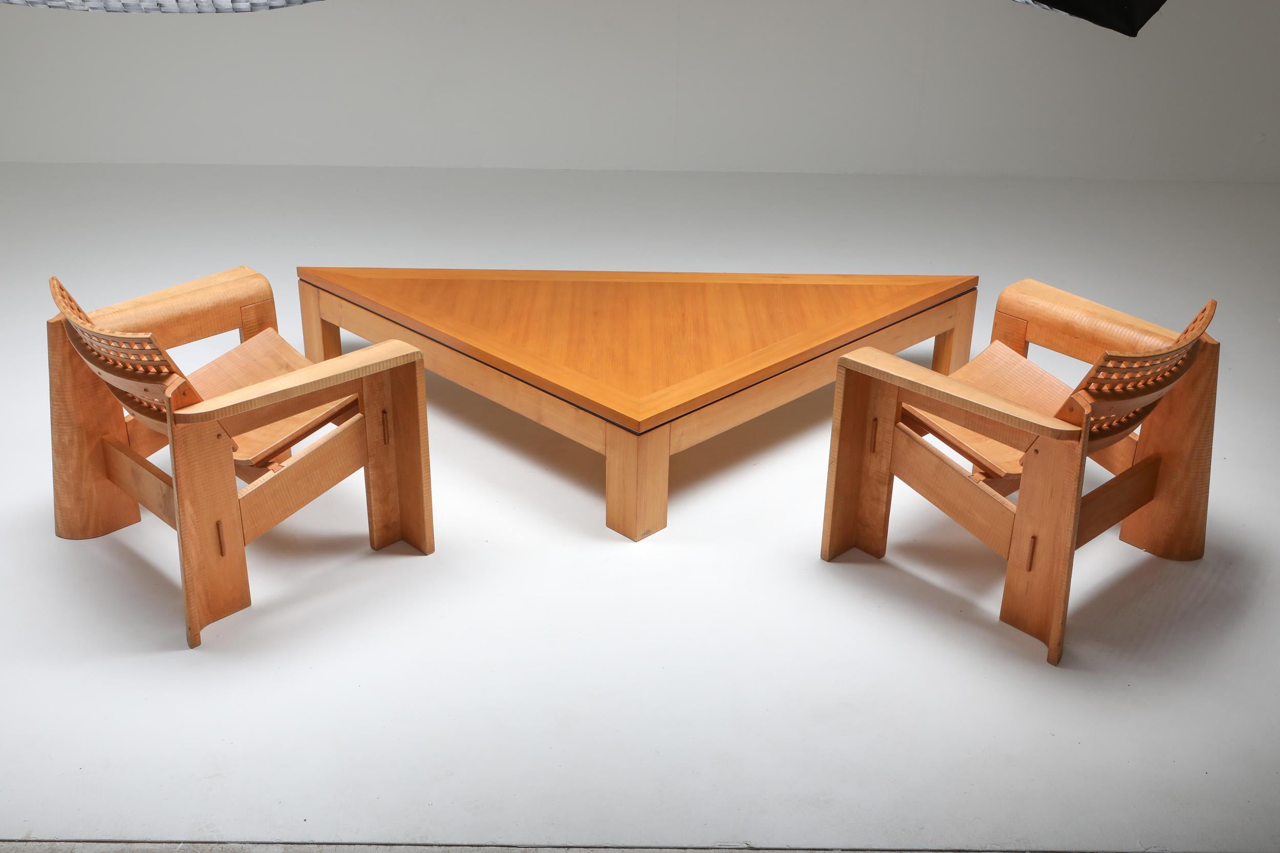 Mid-Century Modern Triangular Postmodern Coffee Table in French Elm For Sale