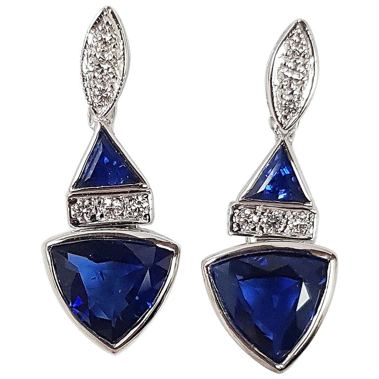 Triangular Shape Blue Sapphire, Diamond Earrings Set in 18k White Gold ...
