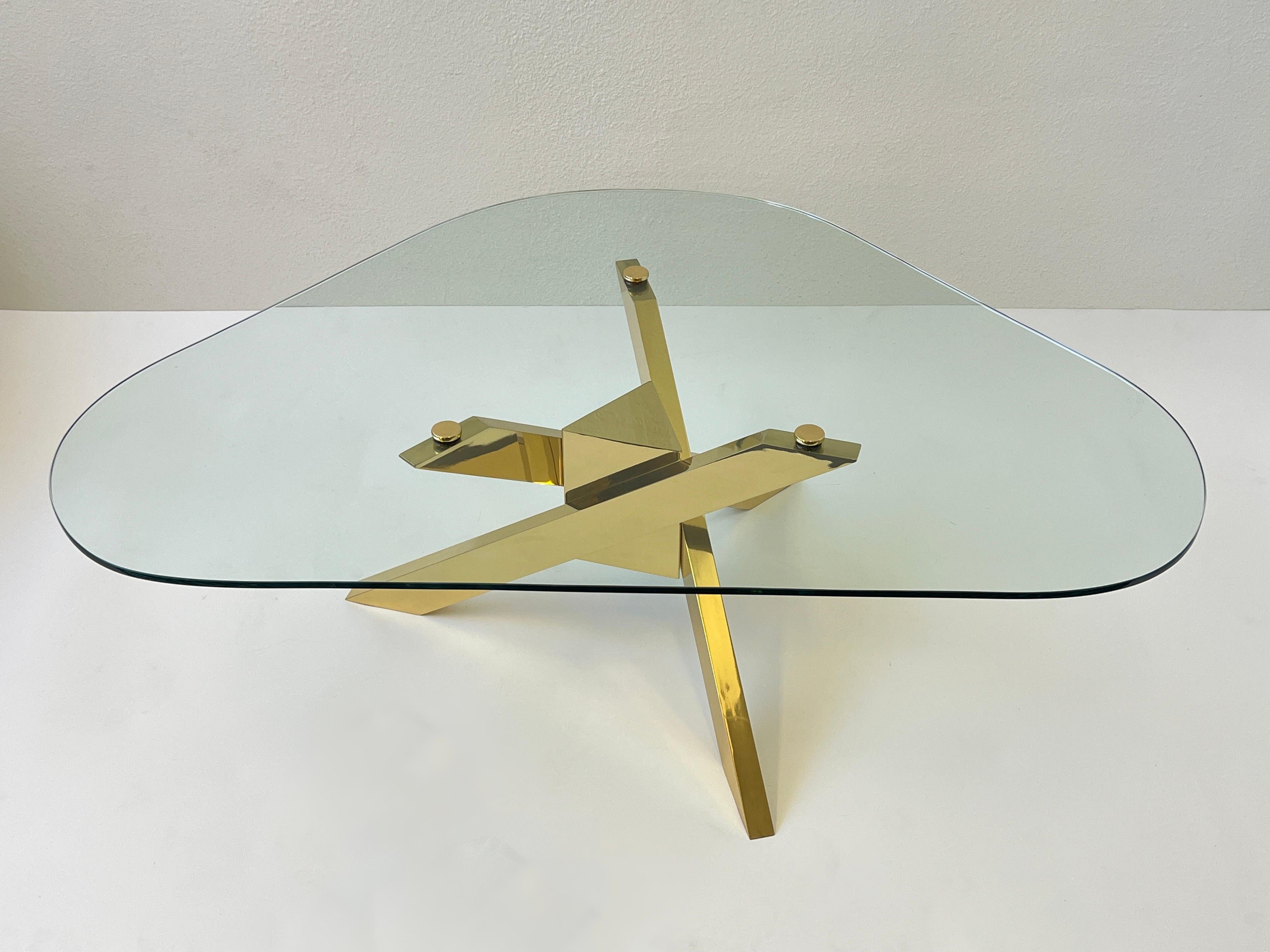 Triangular Shape Glass and Brass Tripod Coffees Table For Sale 3