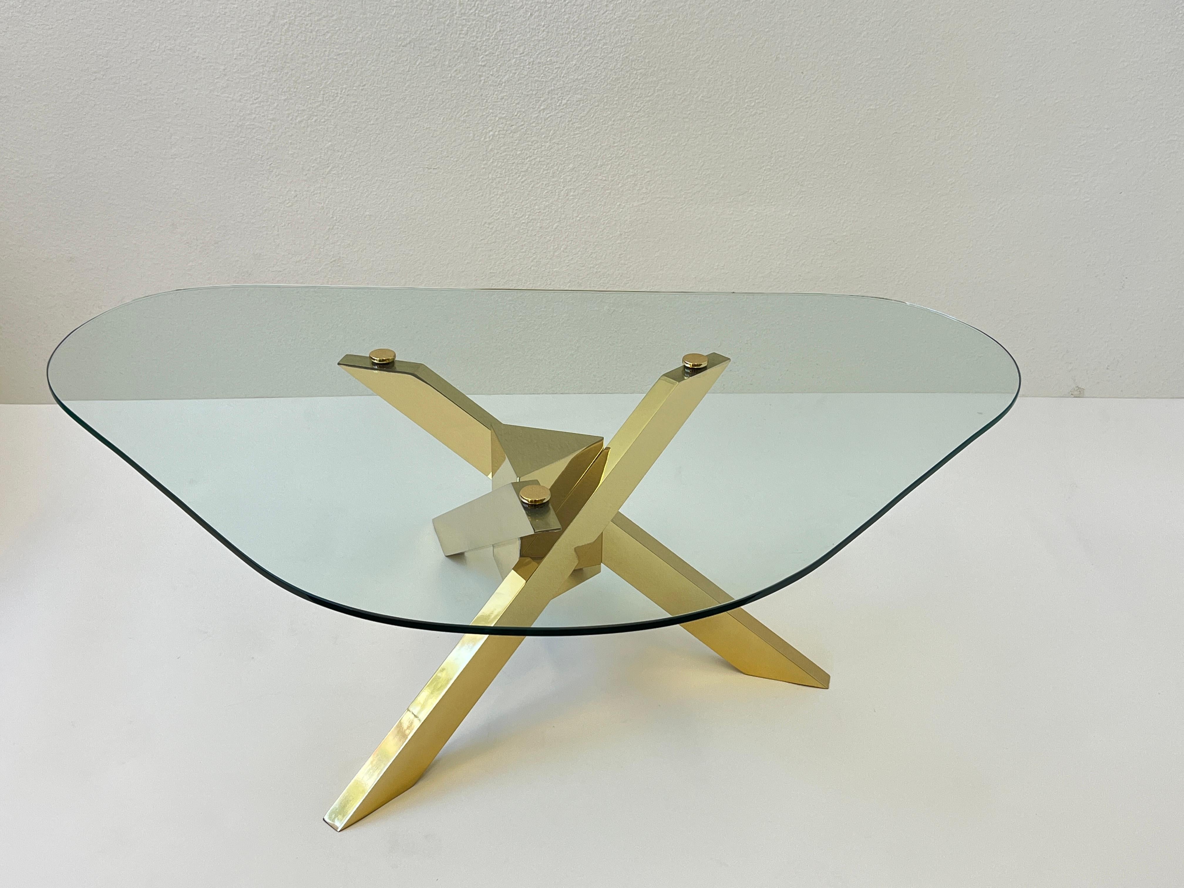 Mid-Century Modern Triangular Shape Glass and Brass Tripod Coffees Table For Sale