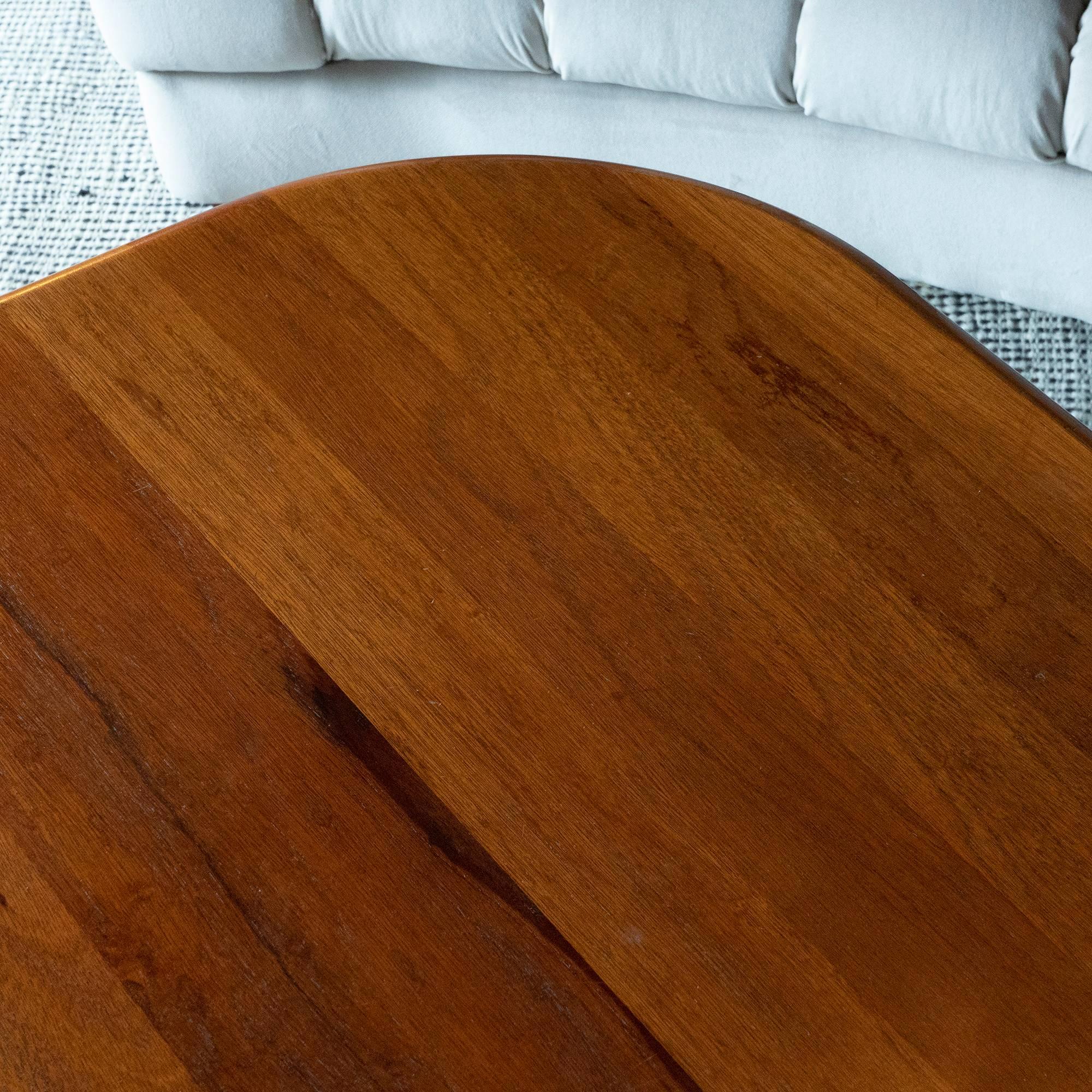 Triangular shape teak coffee table with three tapered legs with perfect vintage patina, few scratches on the top, by Severin Hansen, Denmark, circa 1950.