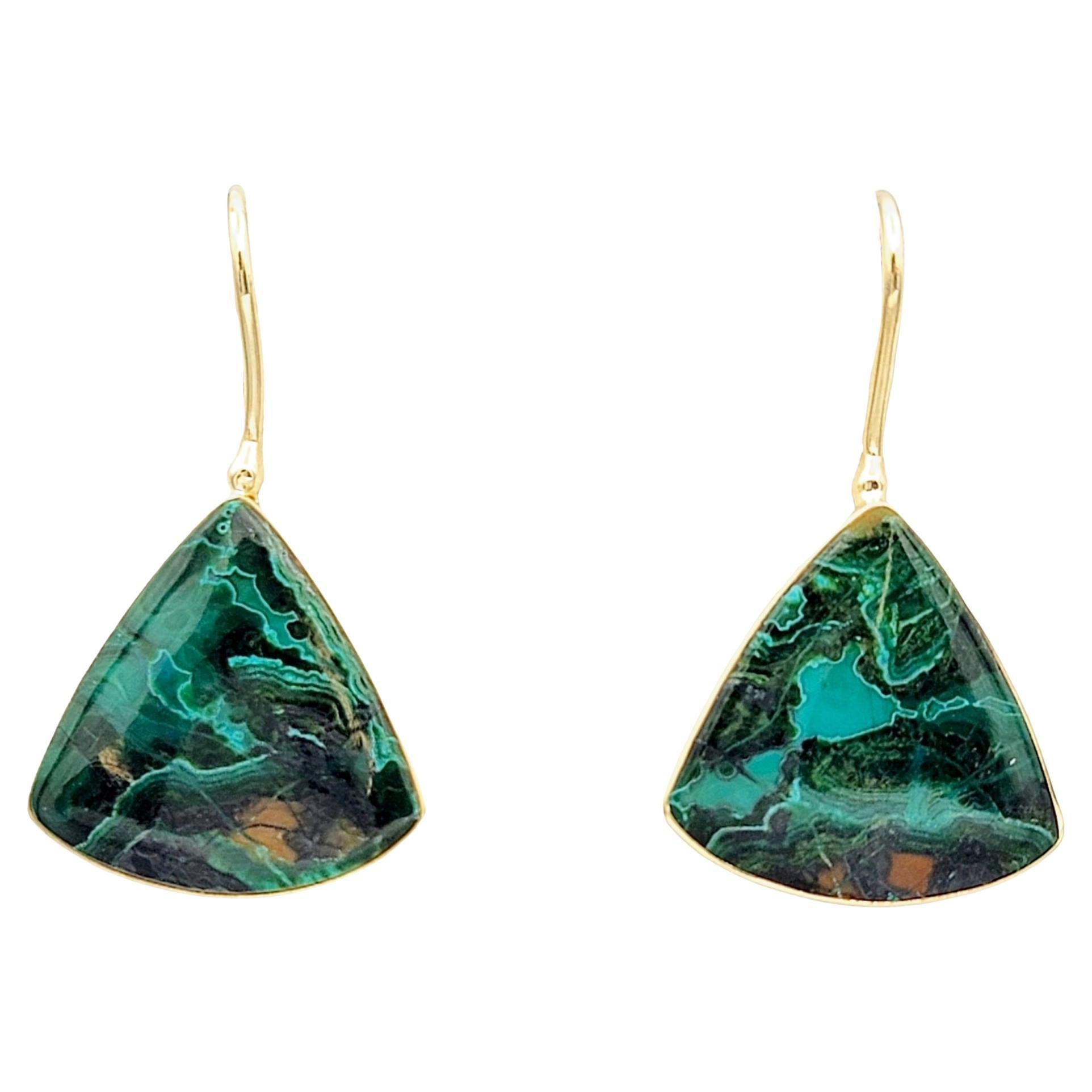 Triangular Shaped Natural Malachite Dangle Earrings in 14 Karat Yellow Gold For Sale