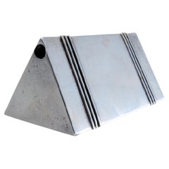 Triangular silver toothpick holder with embossed trim and lid Triangular silver toothpick holder with embossed trim and lid