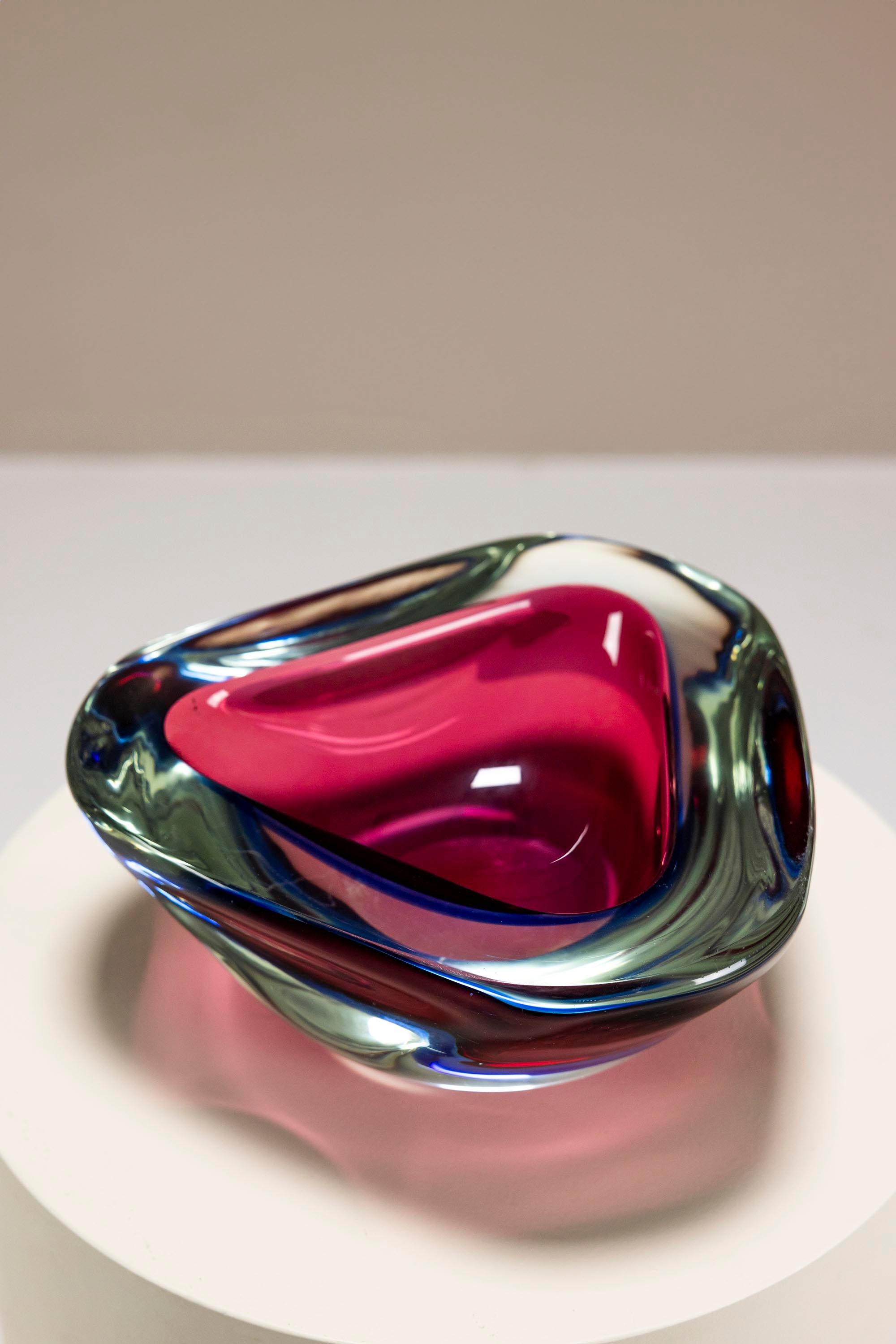 Italian Triangular Sommerso Murano Glass Bowl by Flavio Poli, Italy 1950s