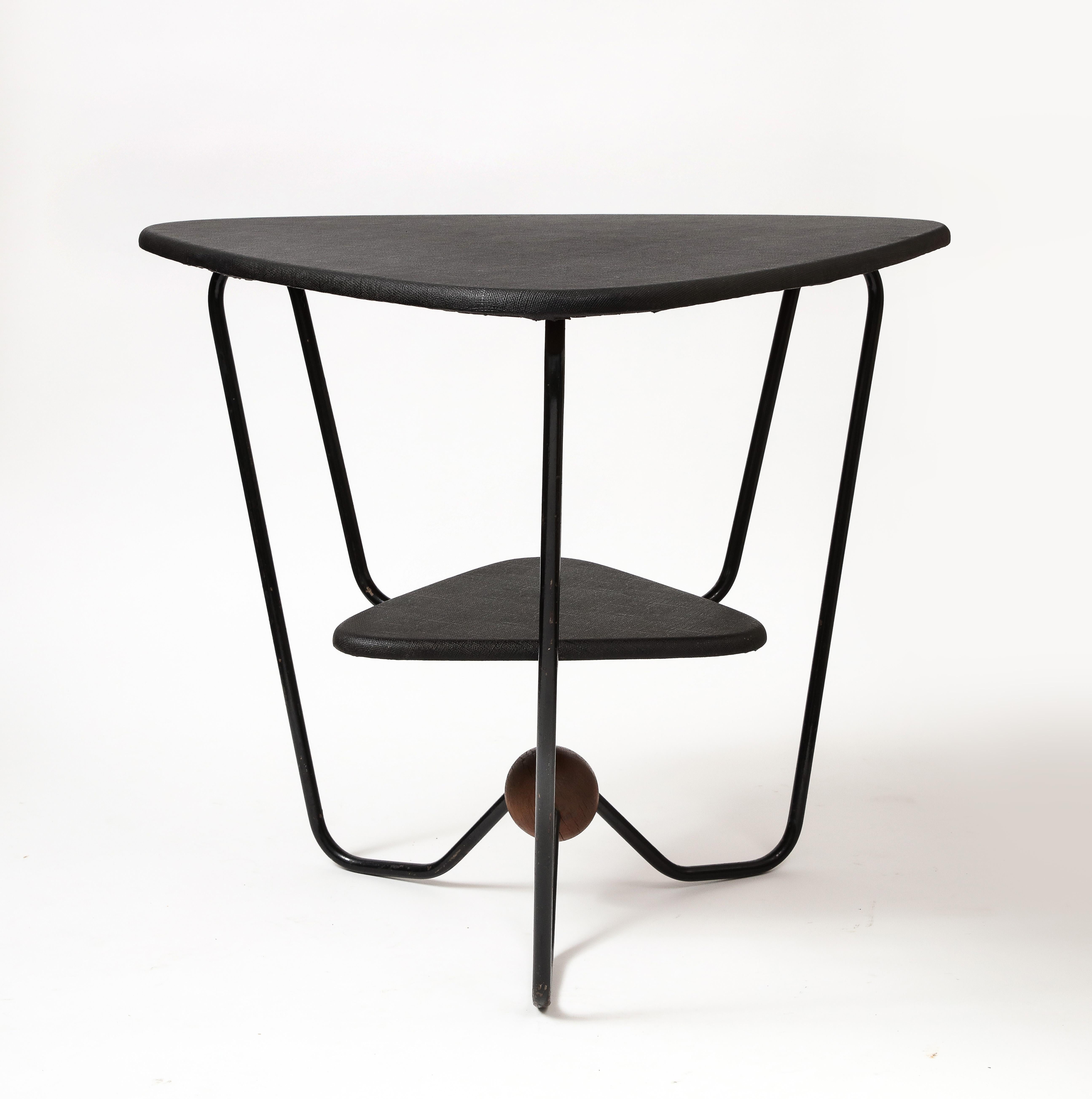 Modern Triangular Steel, Walnut, and Textile Side Table, Italy, c. 1960 For Sale