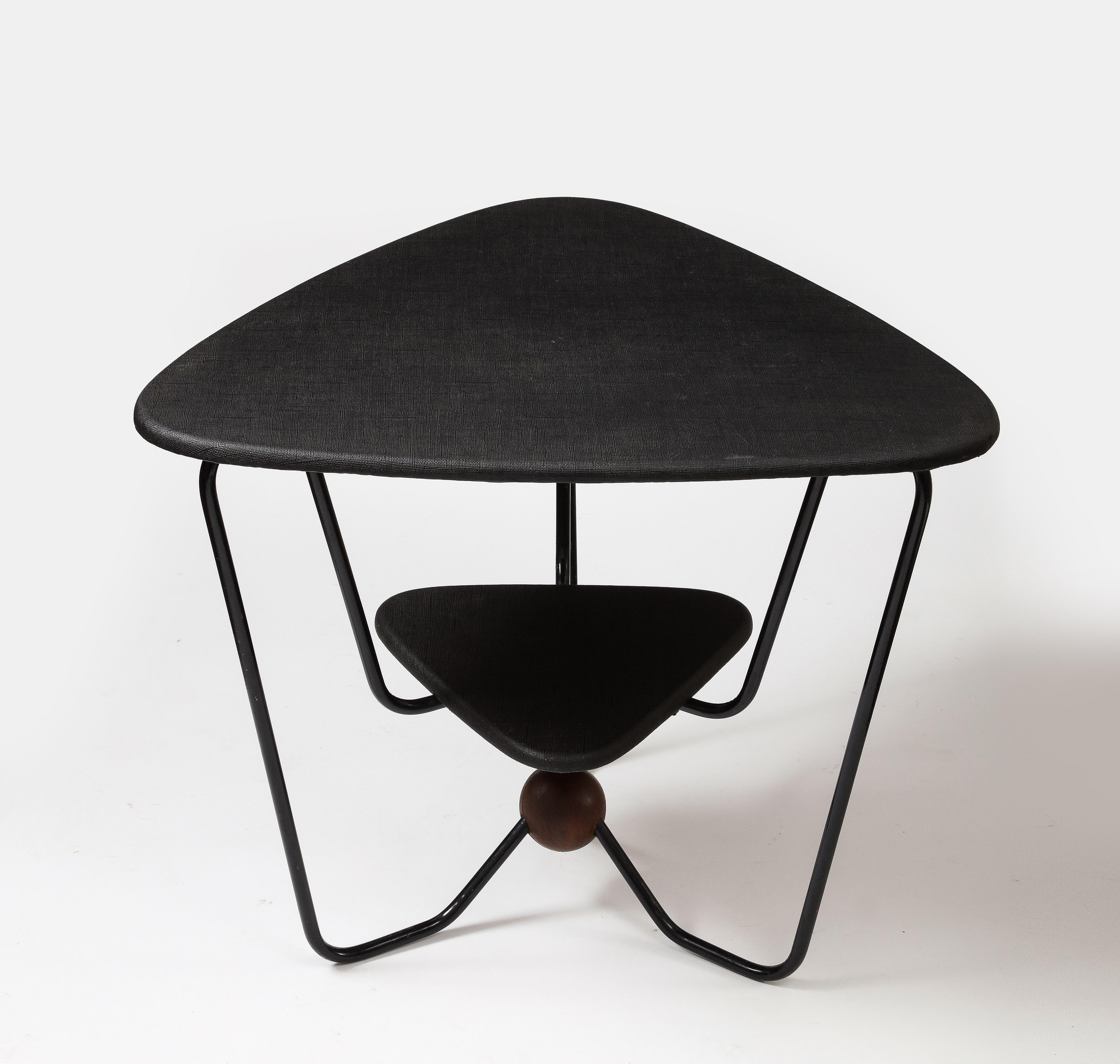 Italian Triangular Steel, Walnut, and Textile Side Table, Italy, c. 1960 For Sale
