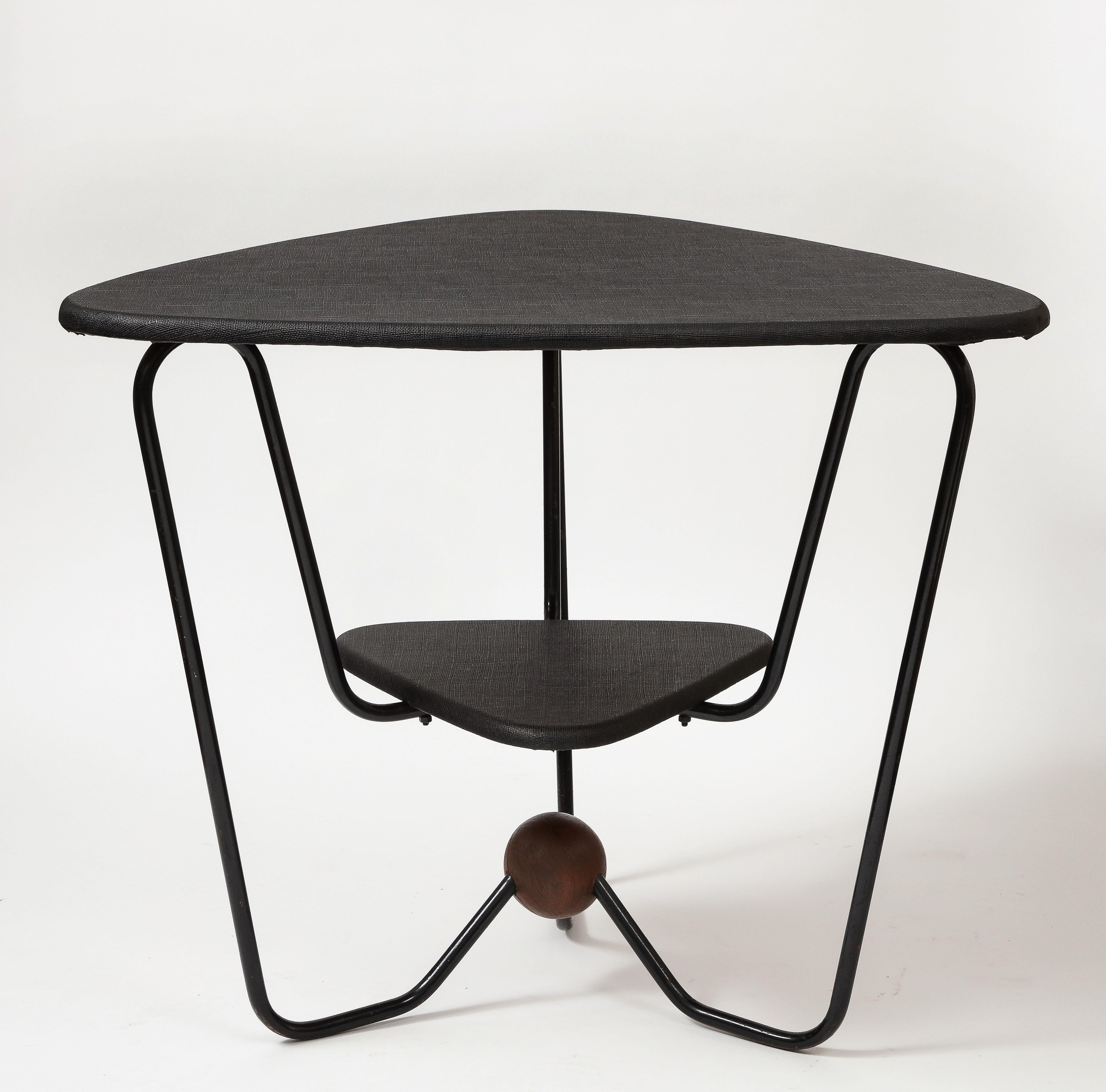 Triangular Steel, Walnut, and Textile Side Table, Italy, c. 1960 In Good Condition For Sale In New York City, NY