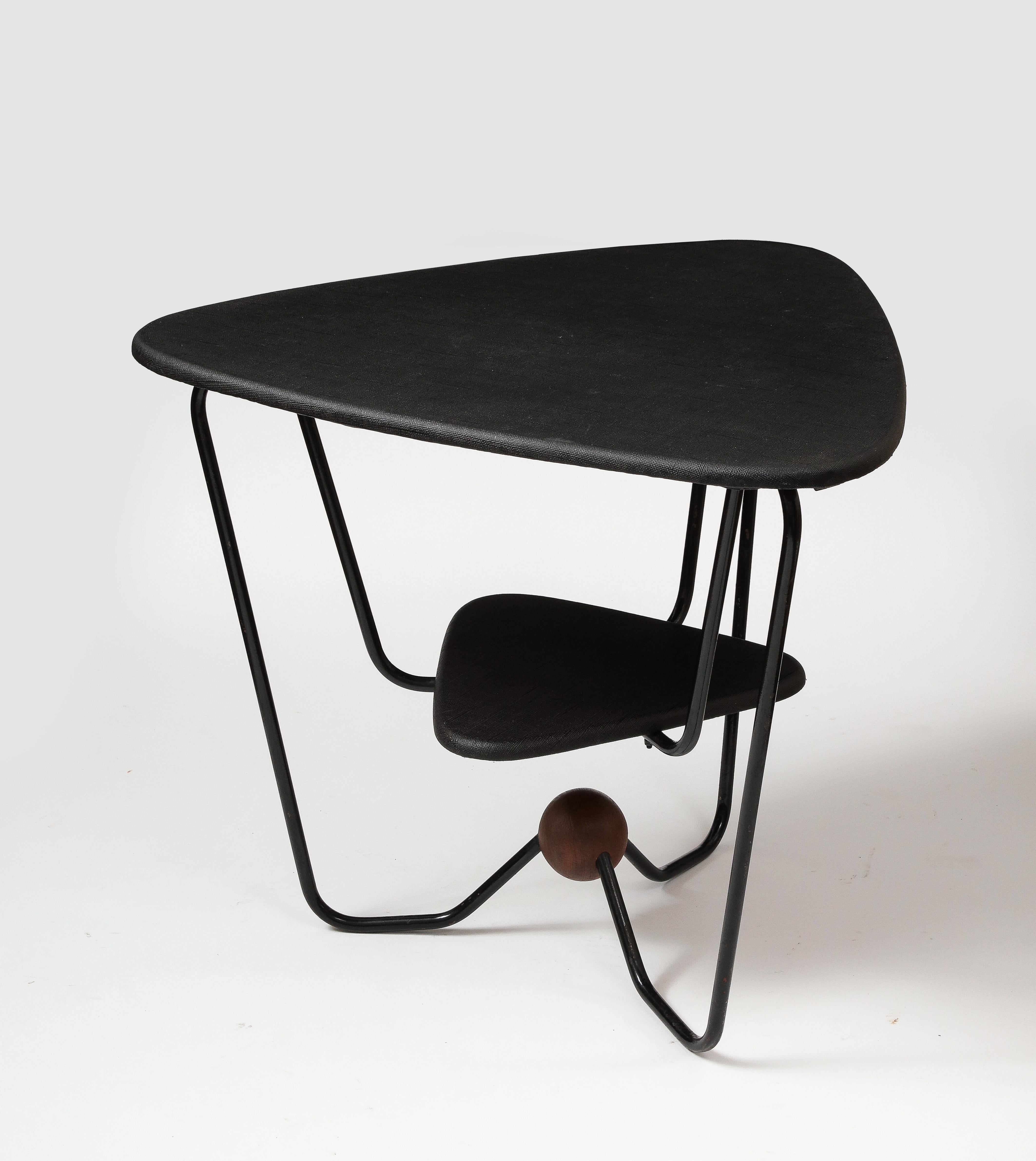20th Century Triangular Steel, Walnut, and Textile Side Table, Italy, c. 1960 For Sale
