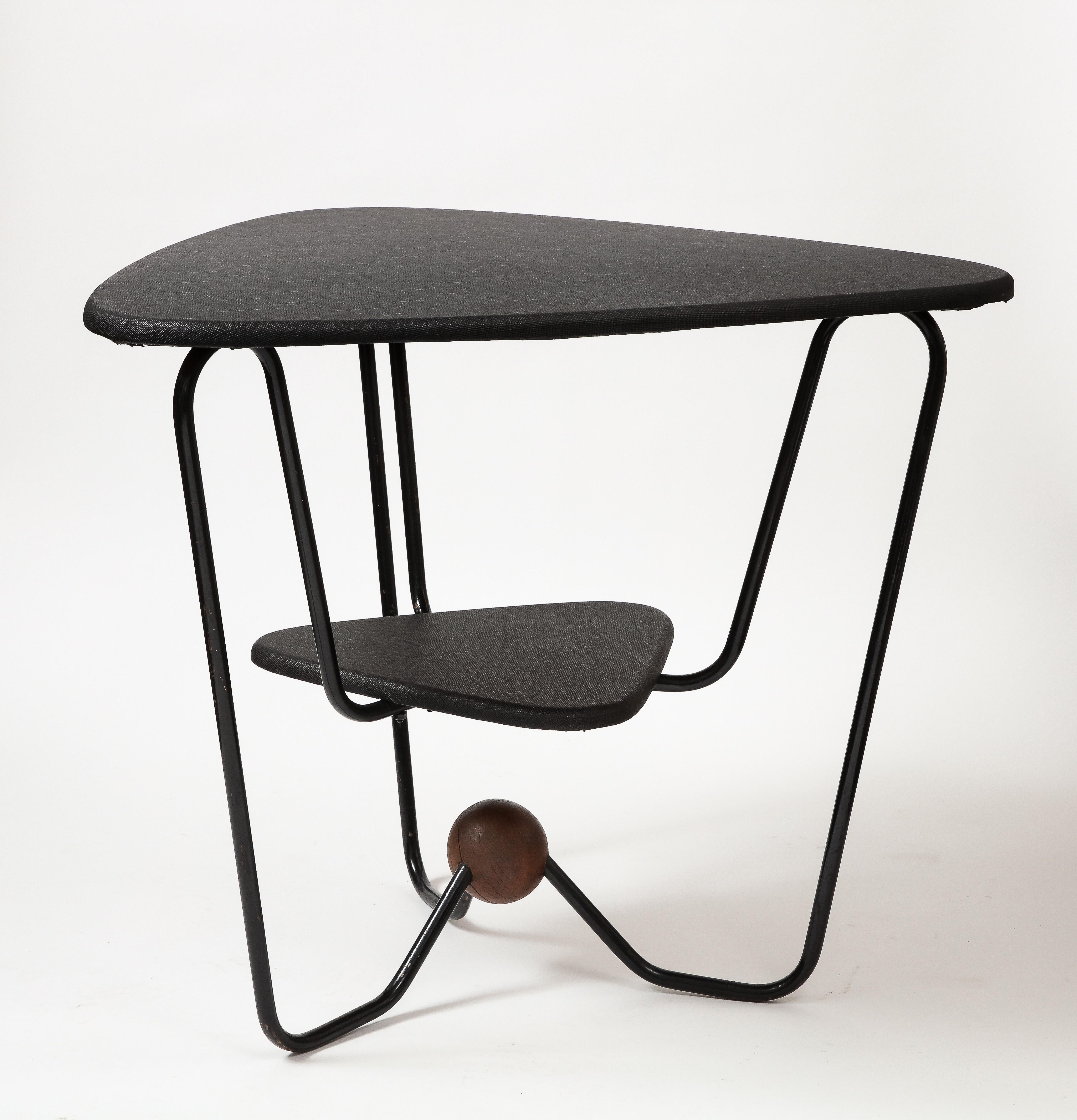 Triangular Steel, Walnut, and Textile Side Table, Italy, c. 1960 For Sale 1
