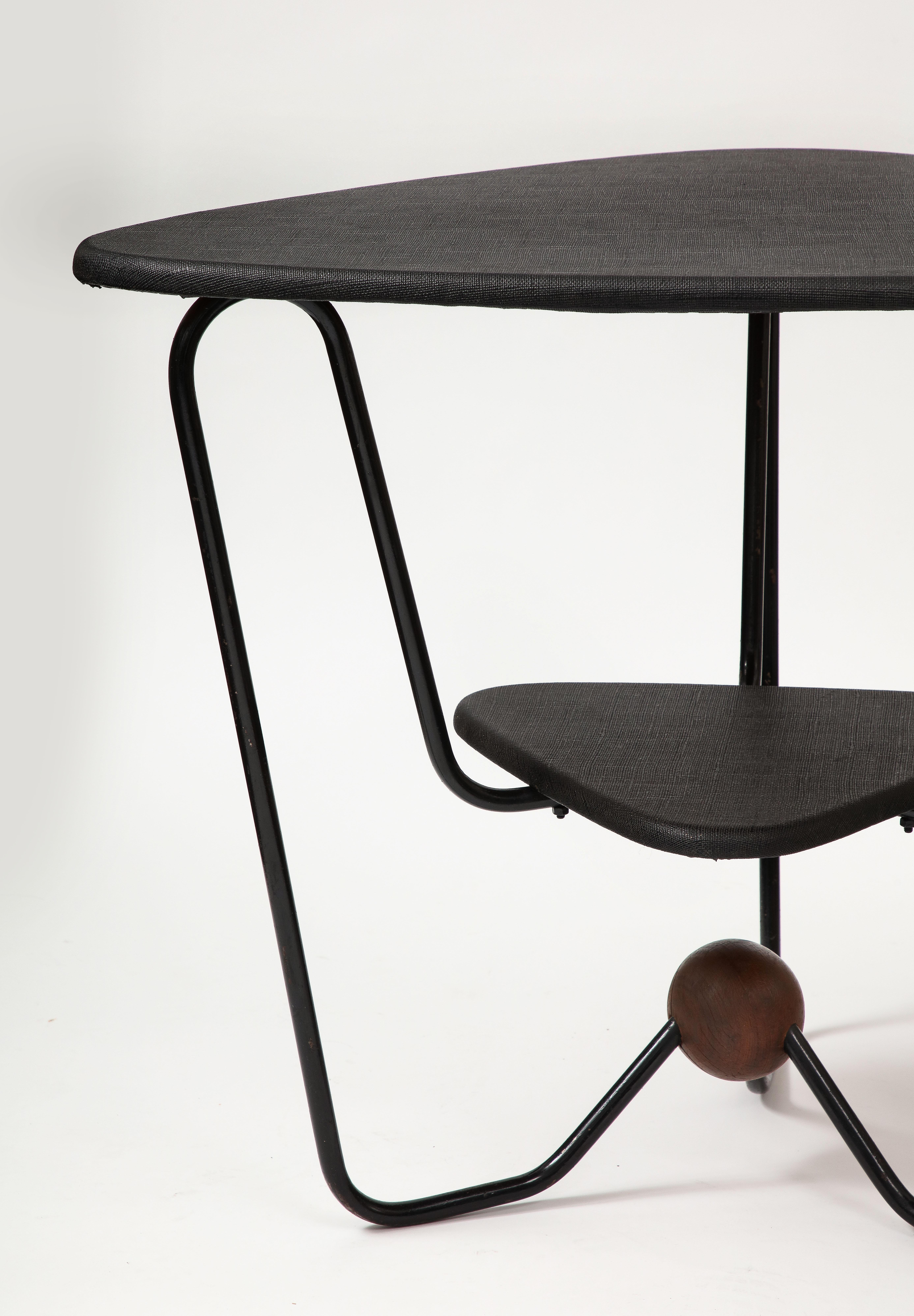 Triangular Steel, Walnut, and Textile Side Table, Italy, c. 1960 For Sale 2