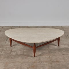 Triangular Travertine and Walnut Coffee Table