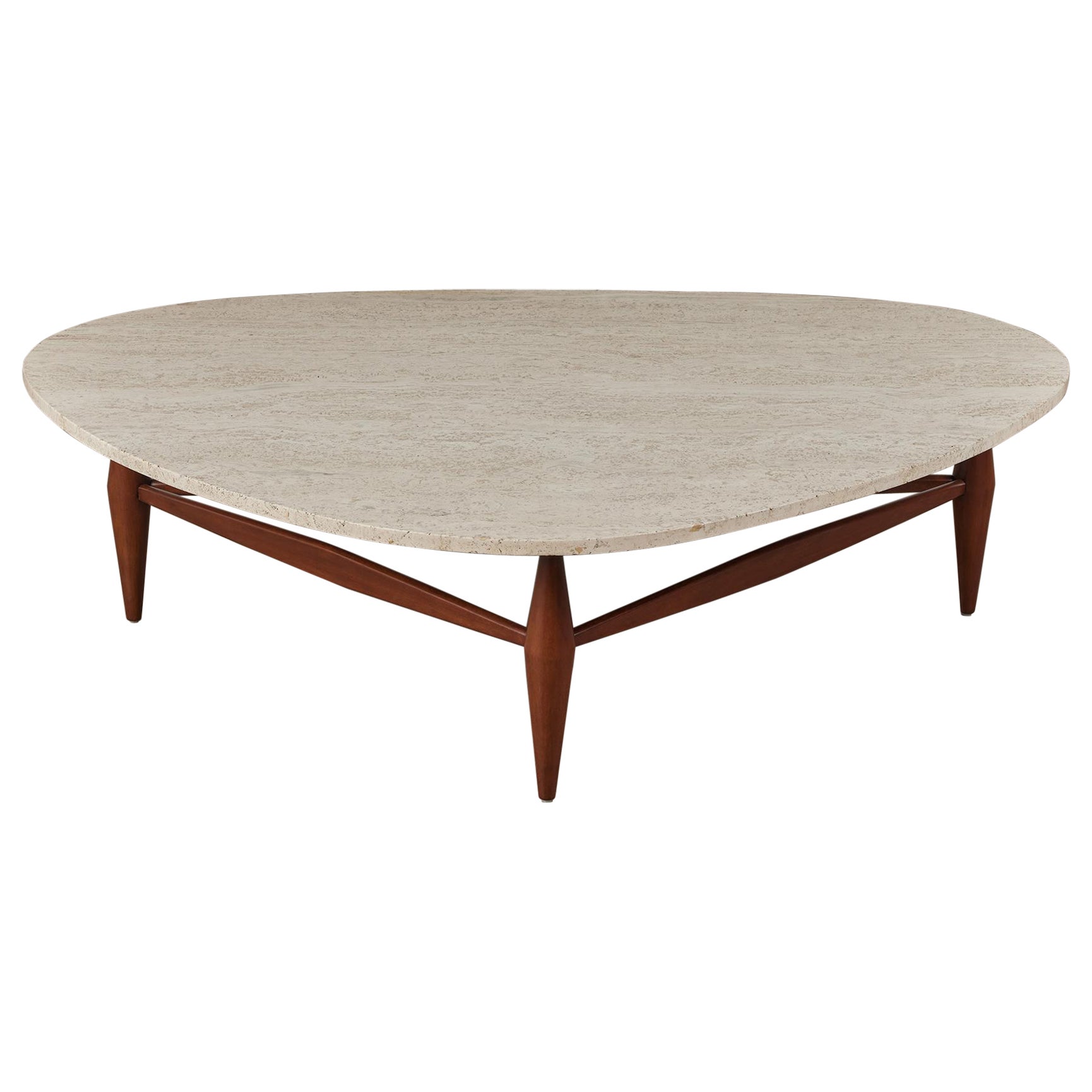 Triangular Travertine and Walnut Coffee Table