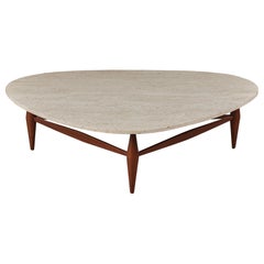 Triangular Travertine and Walnut Coffee Table