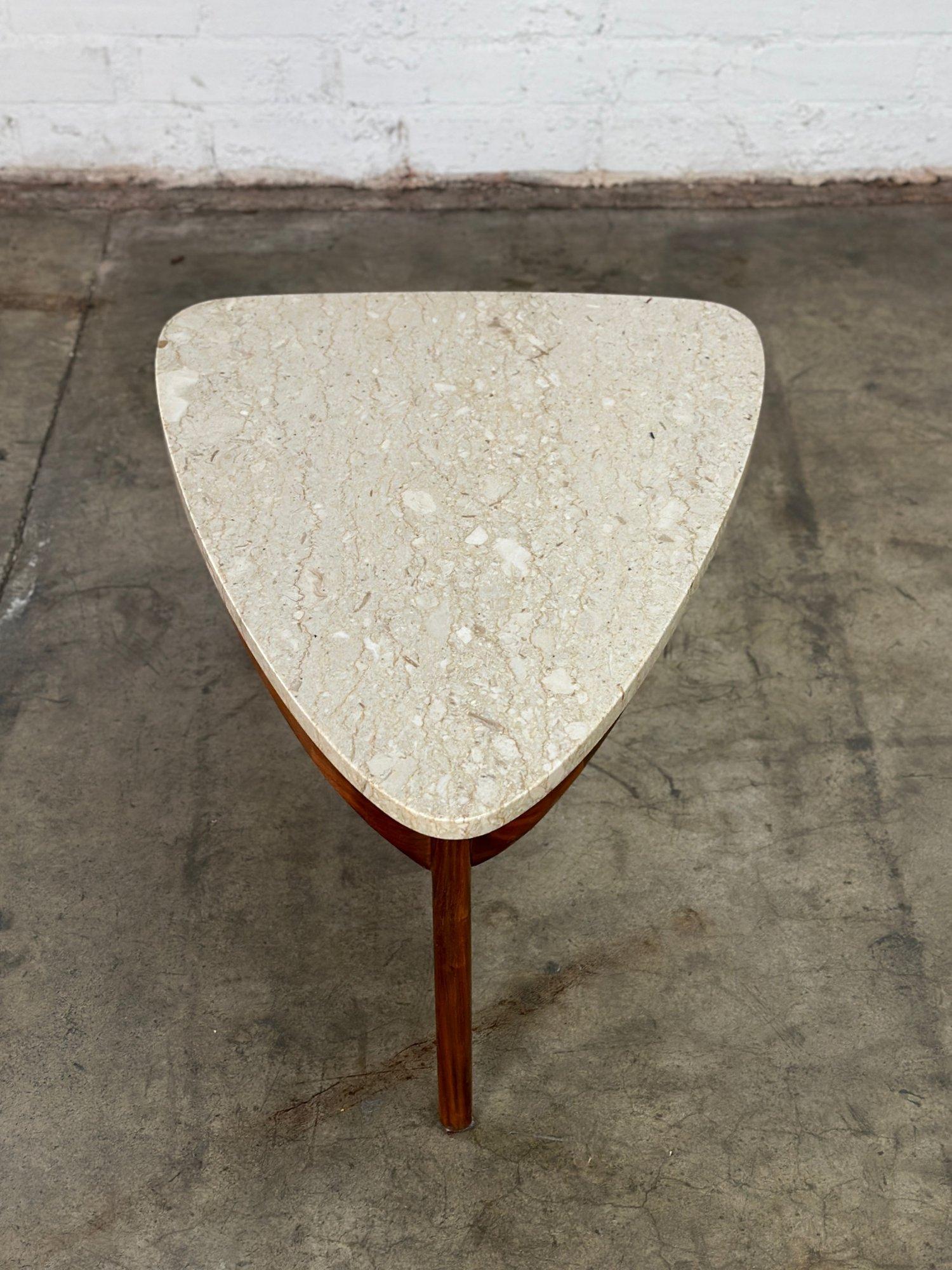 Triangular Travertine and Walnut Side table For Sale 5