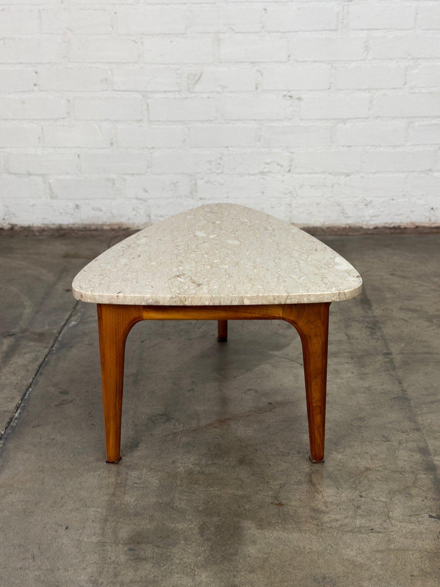 W22 D28.5 H15

Fully restored polished travertine and walnut side table. Item is structurally sound and has no visible breaks or chips. 