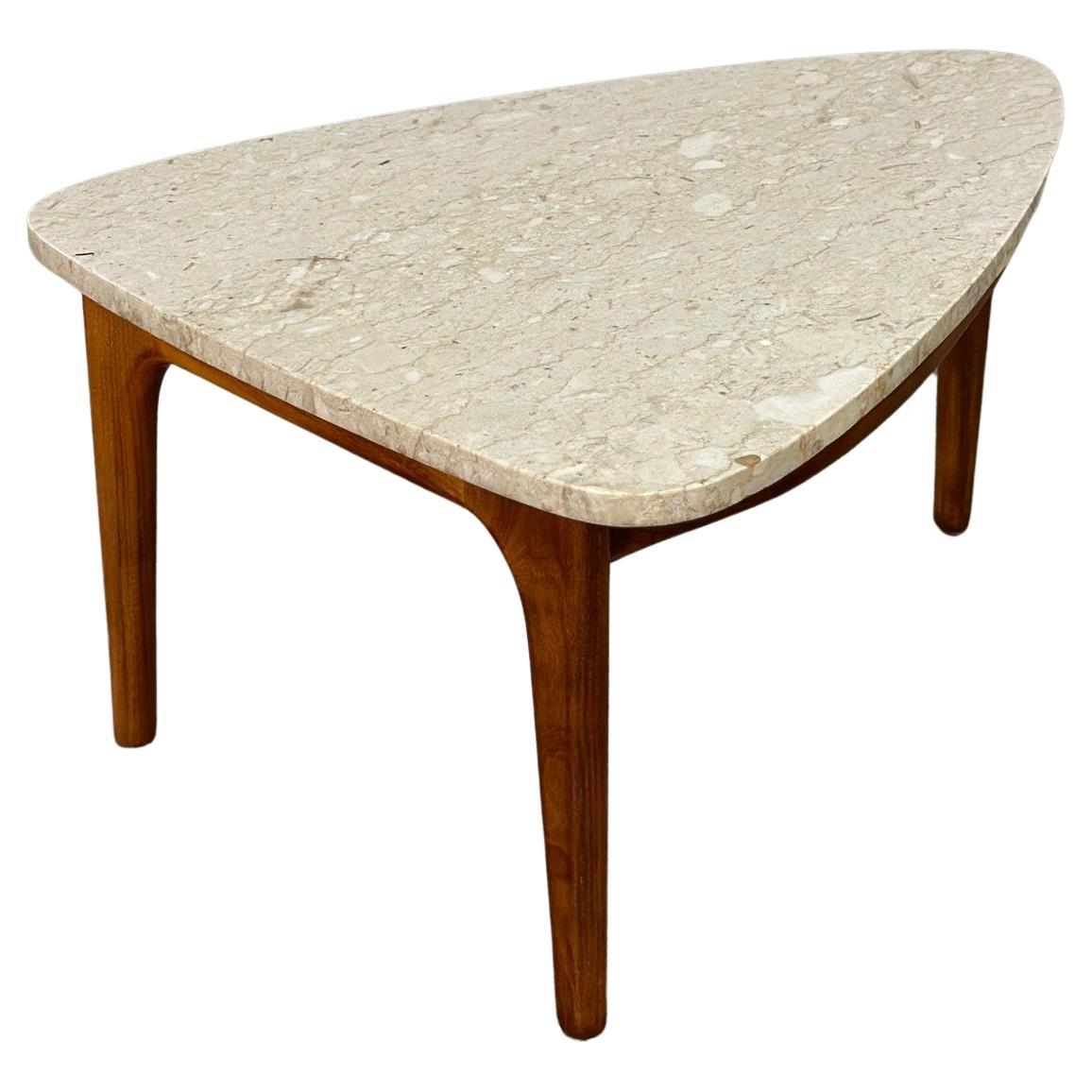 Triangular Travertine and Walnut Side table For Sale