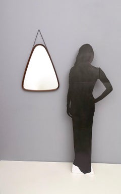 Triangular Wall Mirror with Wooden Frame and a Leather Hook, Italy, 1960s