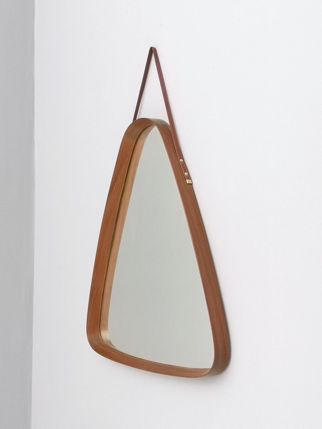 Mid-Century Modern Triangular Wall Mirror with Wooden Frame and a Leather Hook, Italy, 1960s